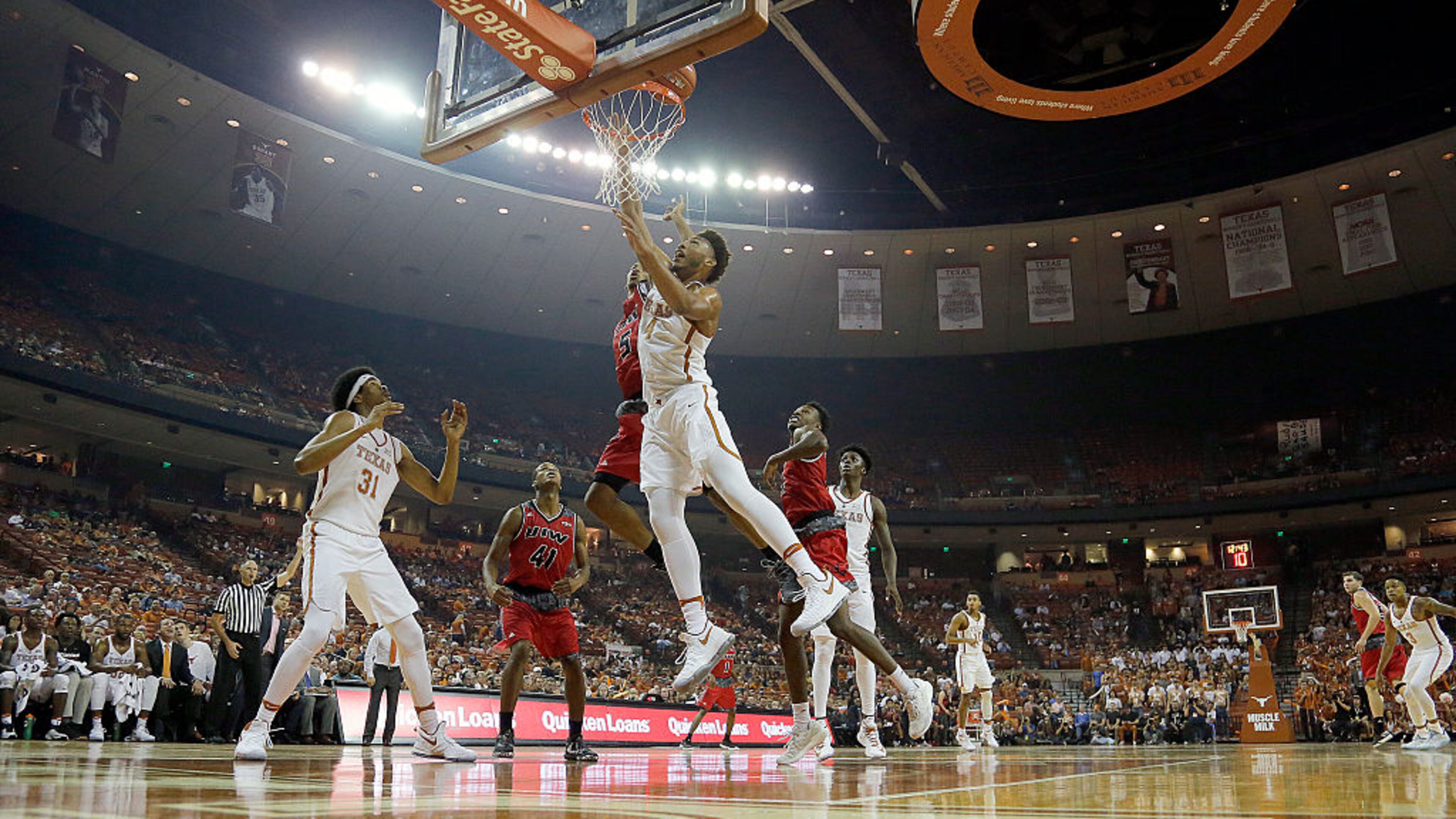 James Banks #4 of the Texas Longhorns battles for rebound with Devin Wyatt #5 of the Incarnate Word Cardinals at the Frank Erwin Center on November 11, 2016 in Austin, Texas. (Photo by Chris Covatta/Getty Images)
