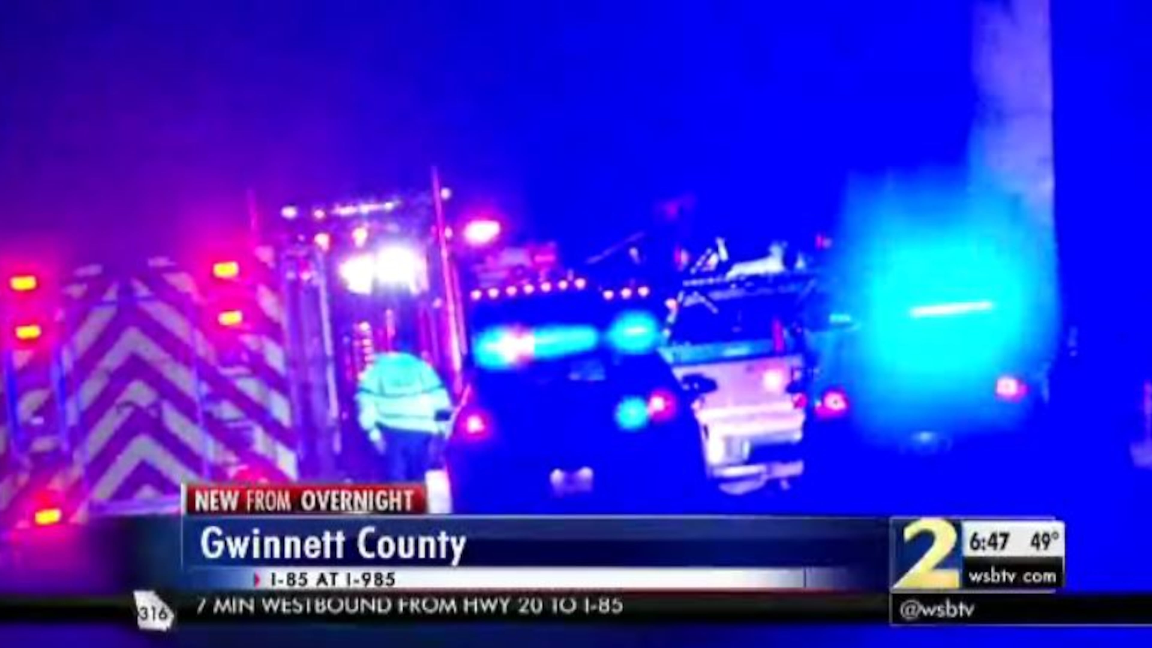 A deadly crash temporarily shut down I-85 at I-985 in Gwinnett County early Monday. (Credit: Channel 2 Action News)