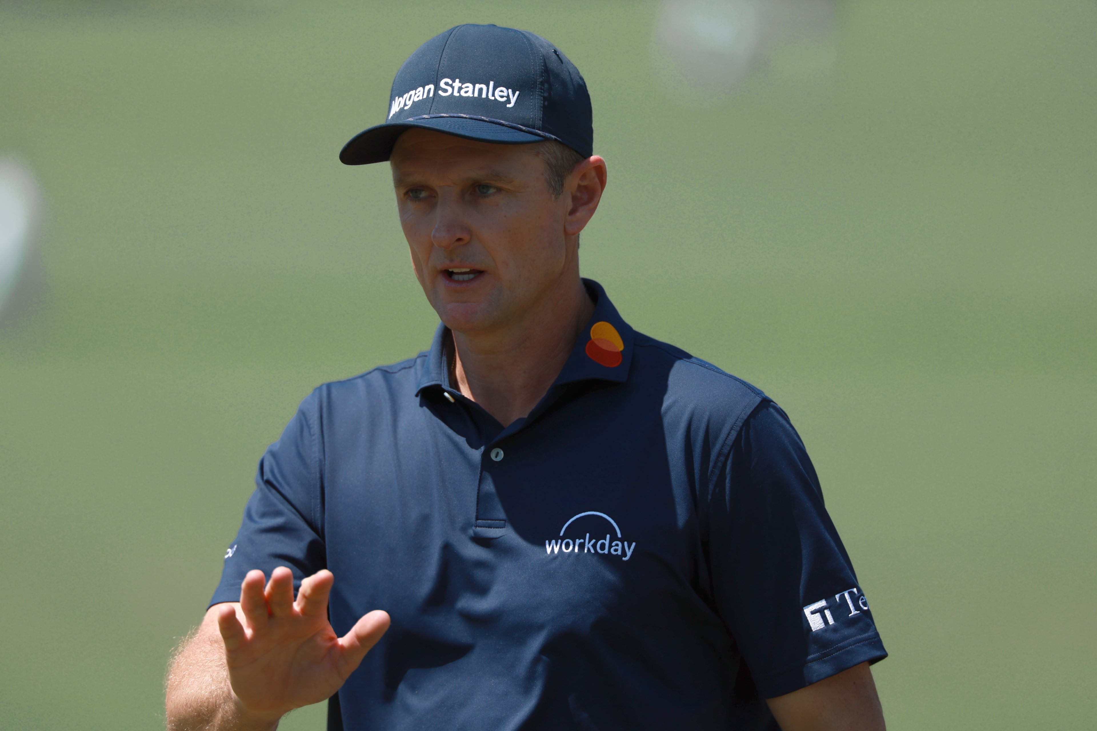 Justin Rose reacts to putt on second hole during final round of the Masters, at Augusta National Golf Club, Sunday, April 12, 2026, in Augusta, GA (Jason Getz/AJC)