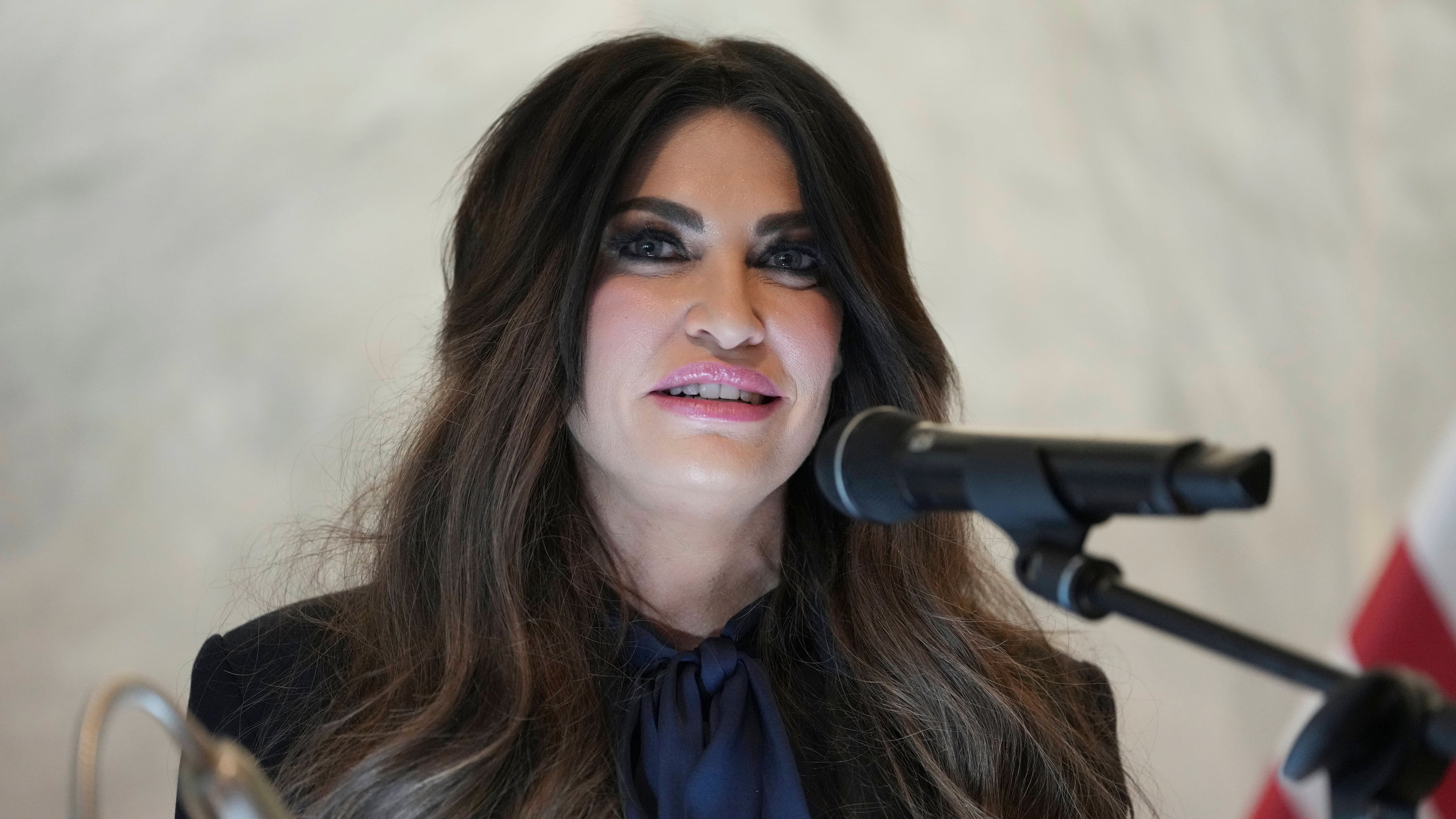 U.S. Ambassador to Greece Kimberly Guilfoyle speak during a dedication ceremony at the chancery of the U.S. Embassy, Wednesday, Oct. 7, 2026, in Athens, Greece. (AP Photo/Mark Schiefelbein, Pool)