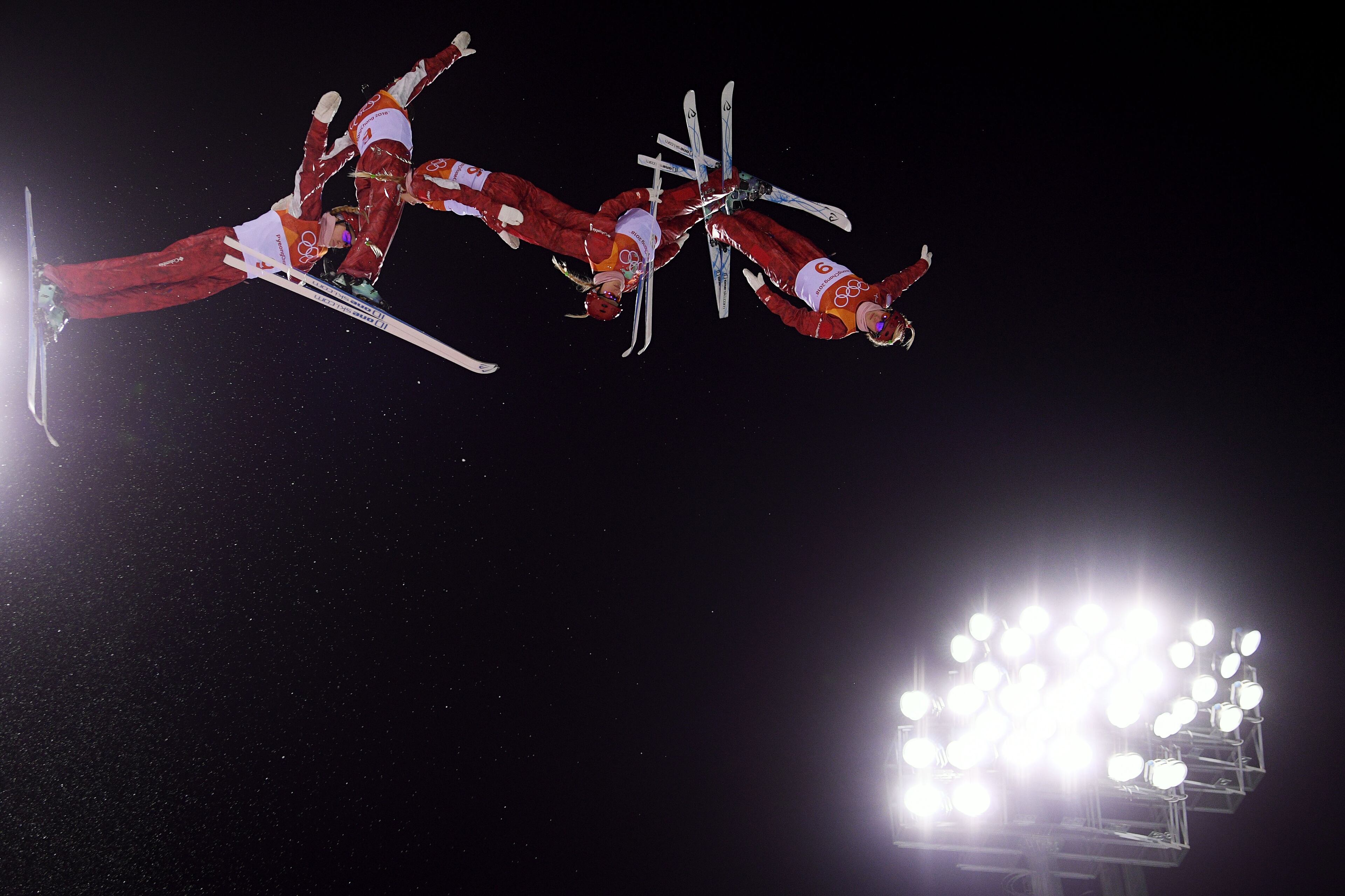 PYEONGCHANG-GUN, SOUTH KOREA - FEBRUARY 16: (EDITORS NOTE: Multiple exposures were combined in camera to produce this image.) Alexandra Orlova of Olympic Athlete from Russia competes during warm up ahead of the Freestyle Skiing Ladies' Aerials Final on day seven of the PyeongChang 2018 Winter Olympic Games at Phoenix Snow Park on February 16, 2018 in Pyeongchang-gun, South Korea. (Photo by David Ramos/Getty Images)