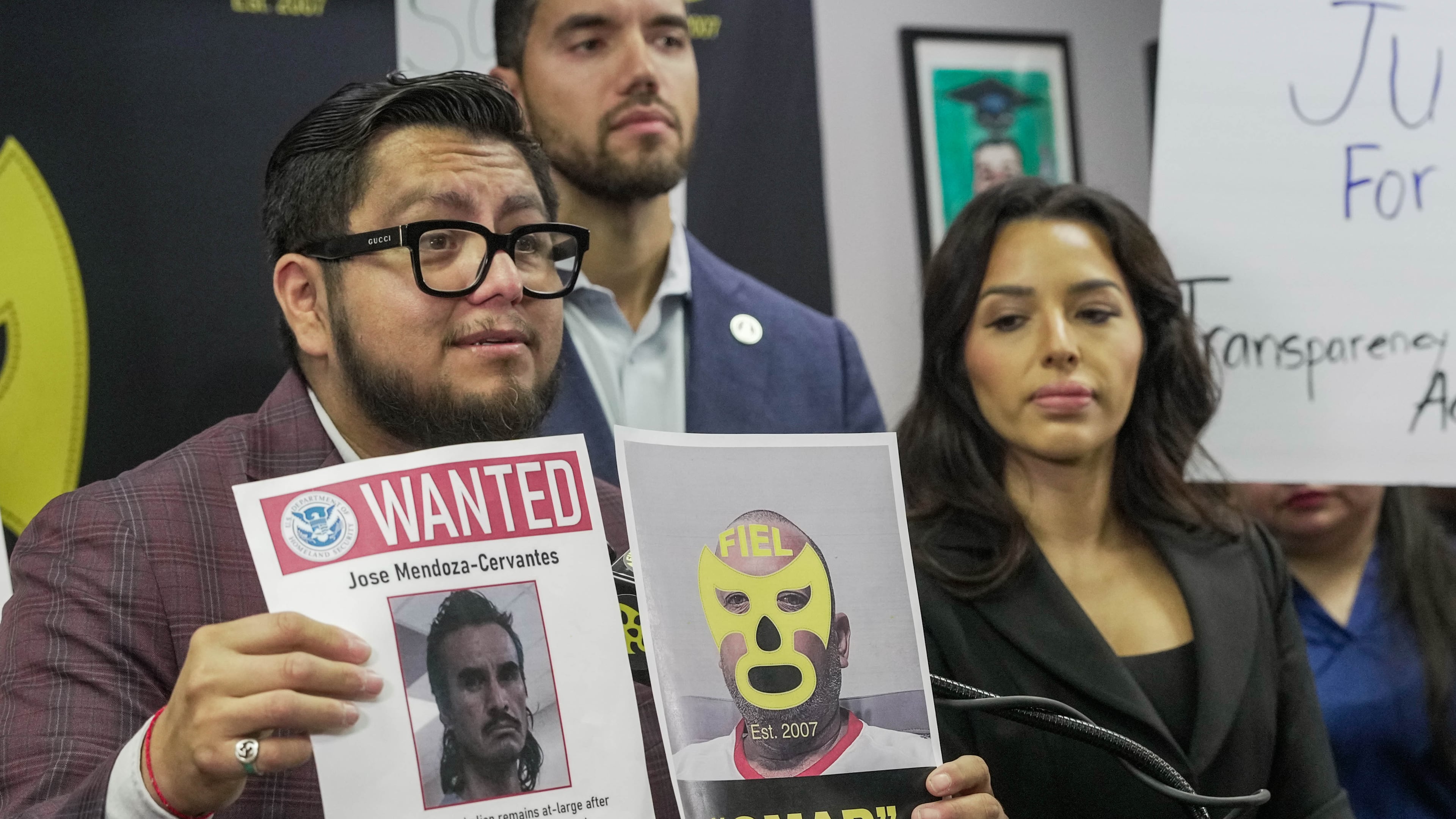 Cesar Espinosa of FIEL speaks about an Immigration and Customs Enforcement action involving Miguel Parra Hernandez, during a news conference, Wednesday, Oct. 14, 2026, in Houston. (Raquel Natalicchio/Houston Chronicle via AP)