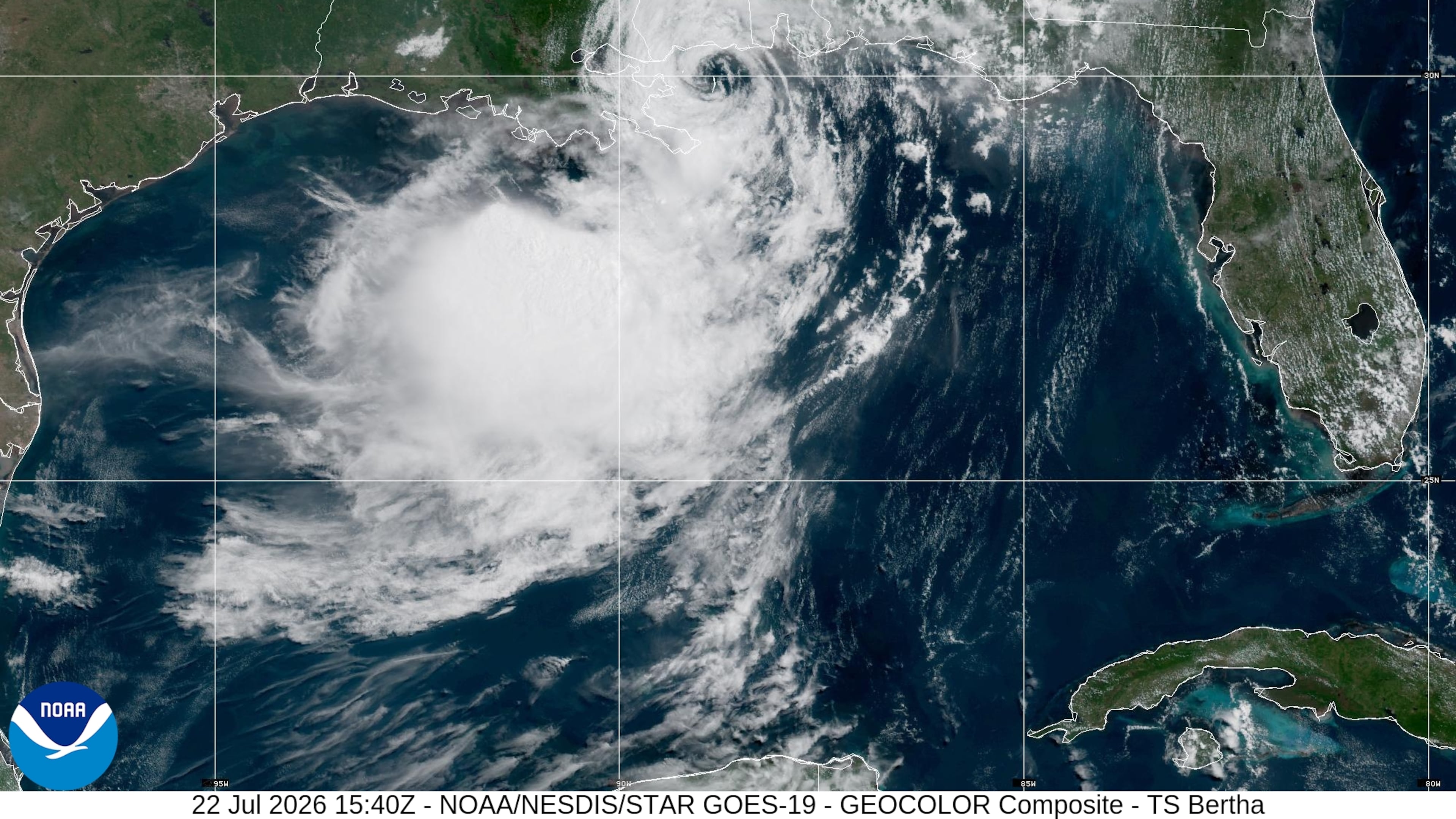 This NOAA satellite image taken at 11:40 a.m. EDT on Wednesday, July 22, 2026, shows Tropical Storm Bertha in the Gulf of Mexico moving toward the edge of Louisiana. (NOAA via AP)