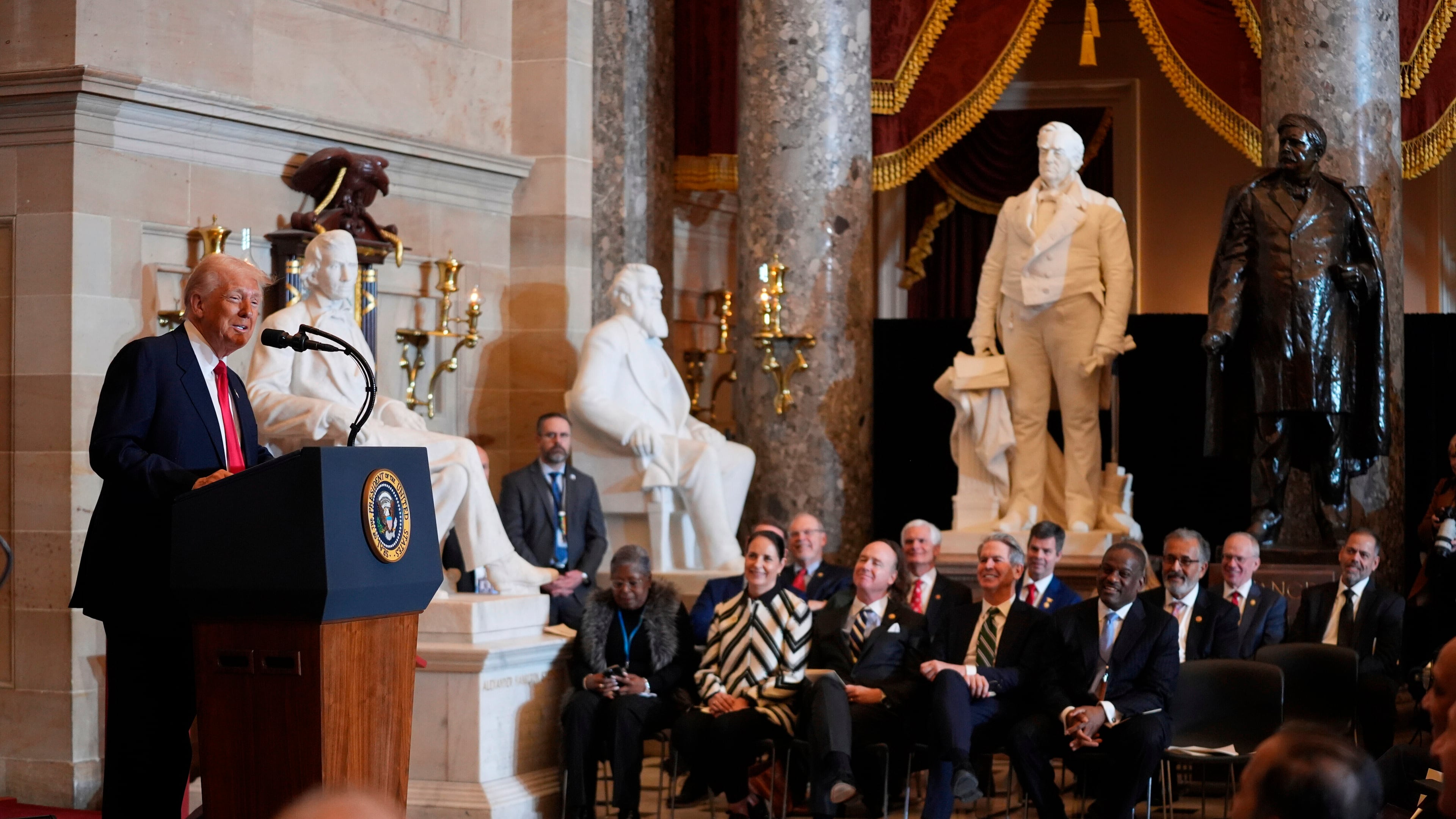 FILE - President Donald Trump speaks during the National Prayer Breakfast, at the Capitol in Washington, Feb. 6, 2025. (AP Photo/Evan Vucci, File)
