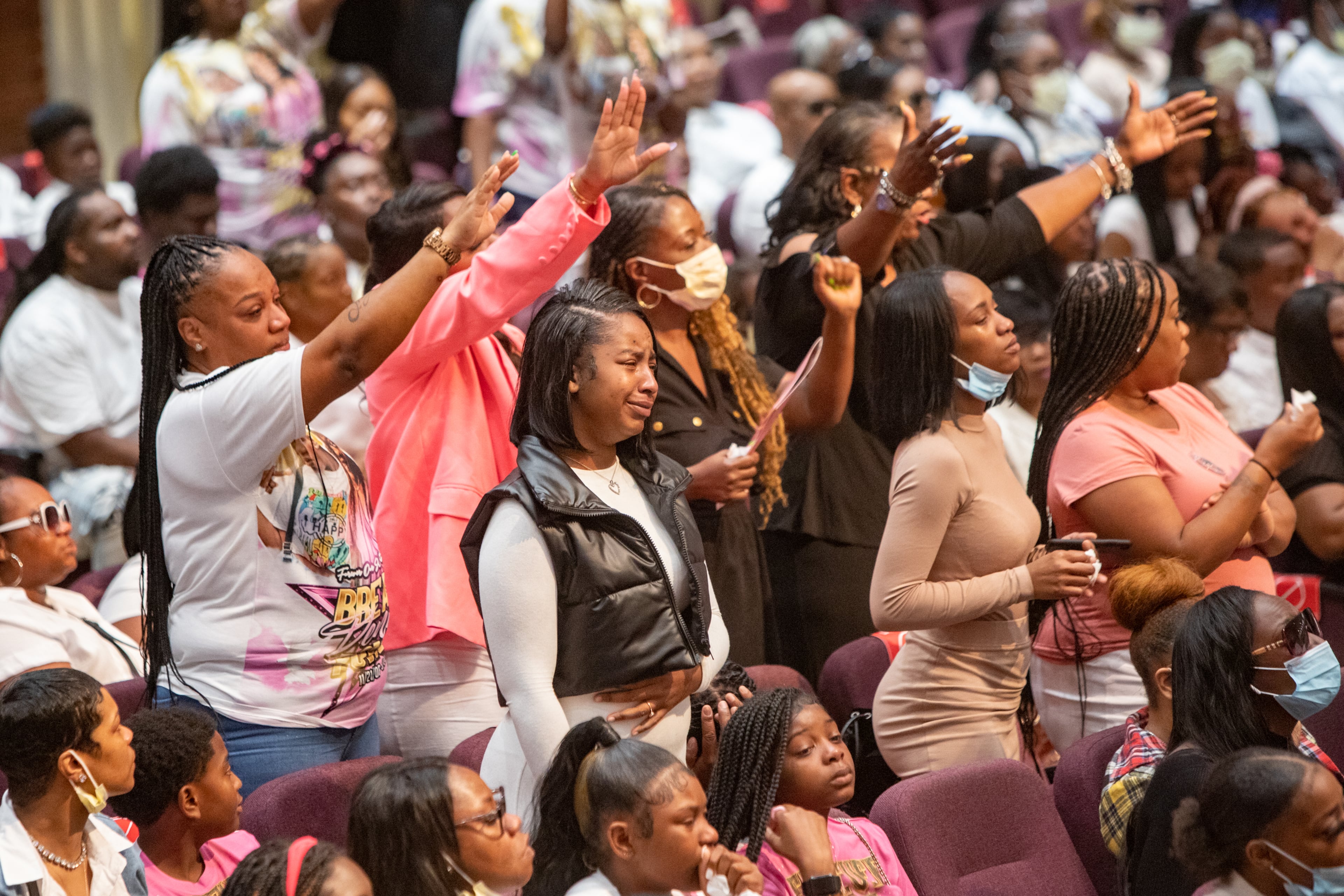 Friends, classmates and members of the community attend Bre’Asia Powell’s memorial service at Jackson Memorial Baptist Church in Atlanta on Saturday, June 3, 2023. Powell, 16, was fatally shot at a graduation party outside Benjamin E. Mays High School. (Jenni Girtman for The Atlanta Journal-Constitution)