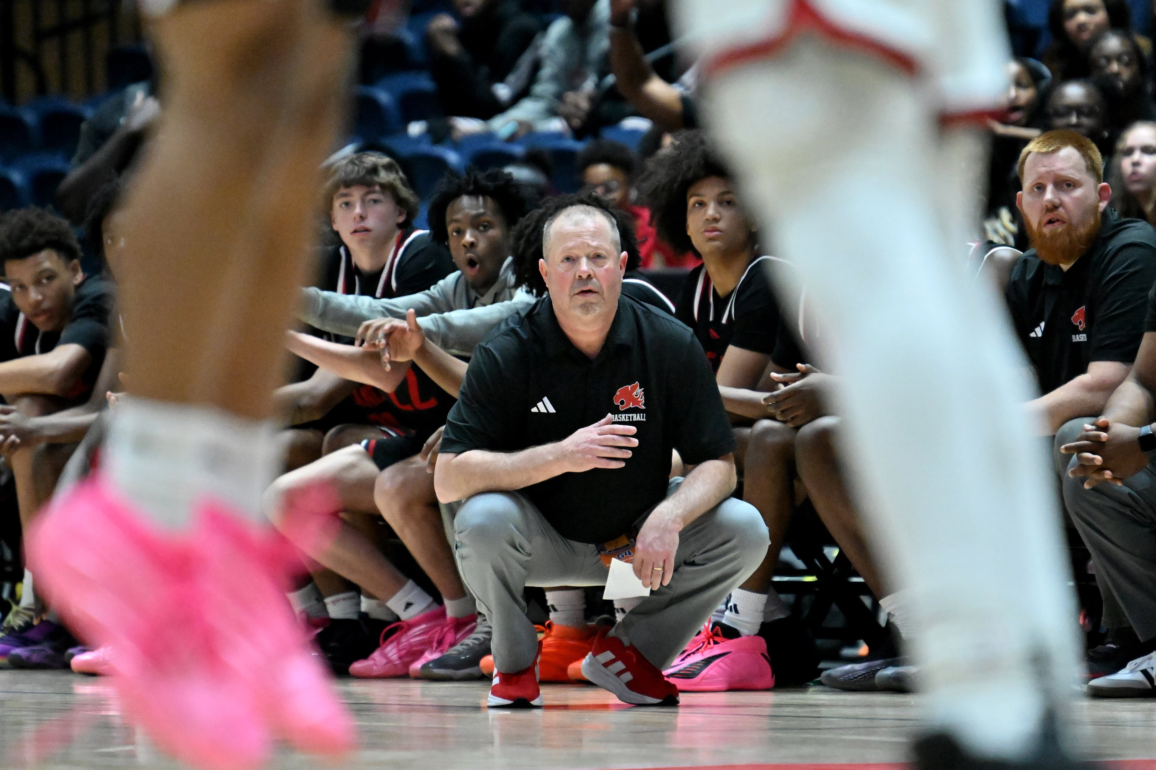 Alexander head coach Jason Slate reacts during the first half in Class 5A Boys GHSA State Championship at the Macon Coliseum, Friday, March 13, 2026, in Macon. Alexander won 81-67 over Woodward Academy. (Hyosub Shin/AJC)