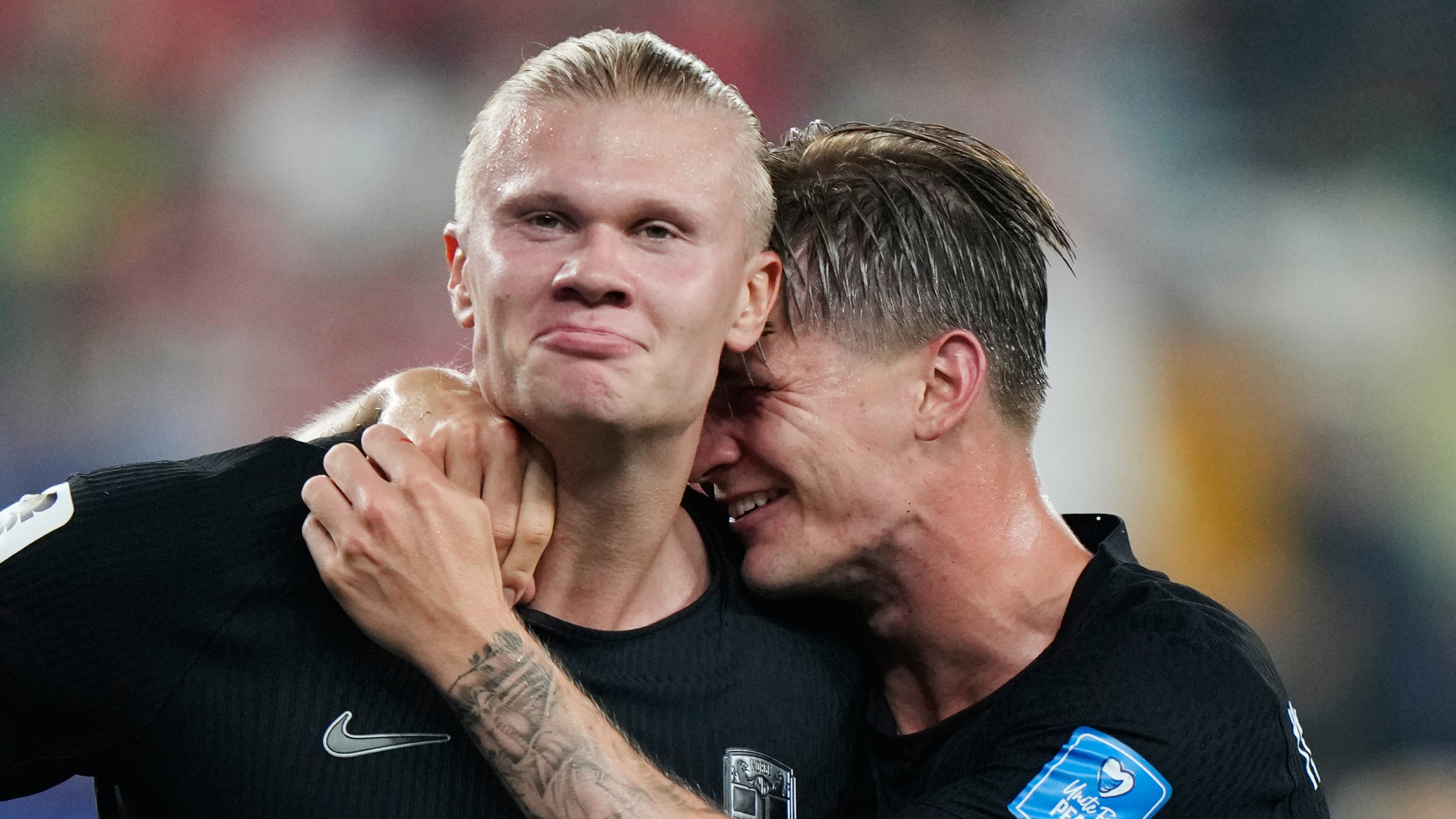 Norway's Erling Haaland, left, celebrates with David Moeller Wolfe after scoring their third goal during the World Cup Group I soccer match between Norway and Senegal in East Rutherford, N.J., near New York, Monday, June 22, 2026. (AP Photo/Steve Luciano)