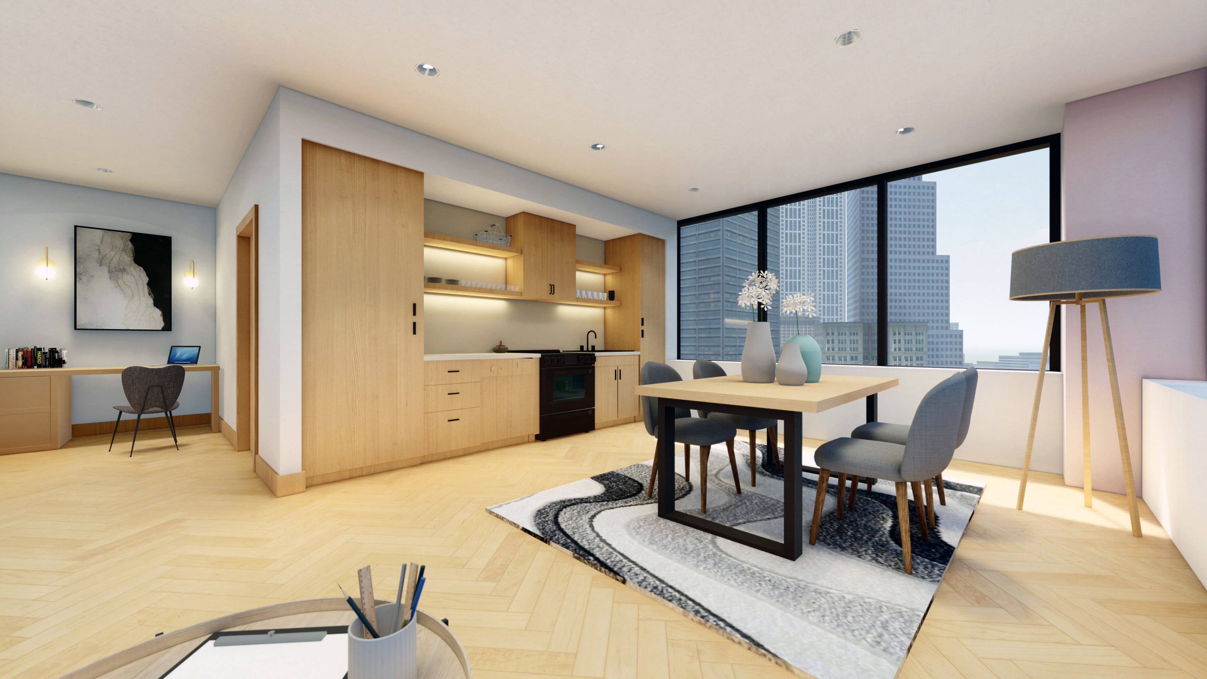 This rendering depicts the planned residential units at 34 Peachtree. Lalani Ventures is self-funding a $40 million effort to turn 10 stories into 150 apartments. (Courtesy of Lalani Ventures)