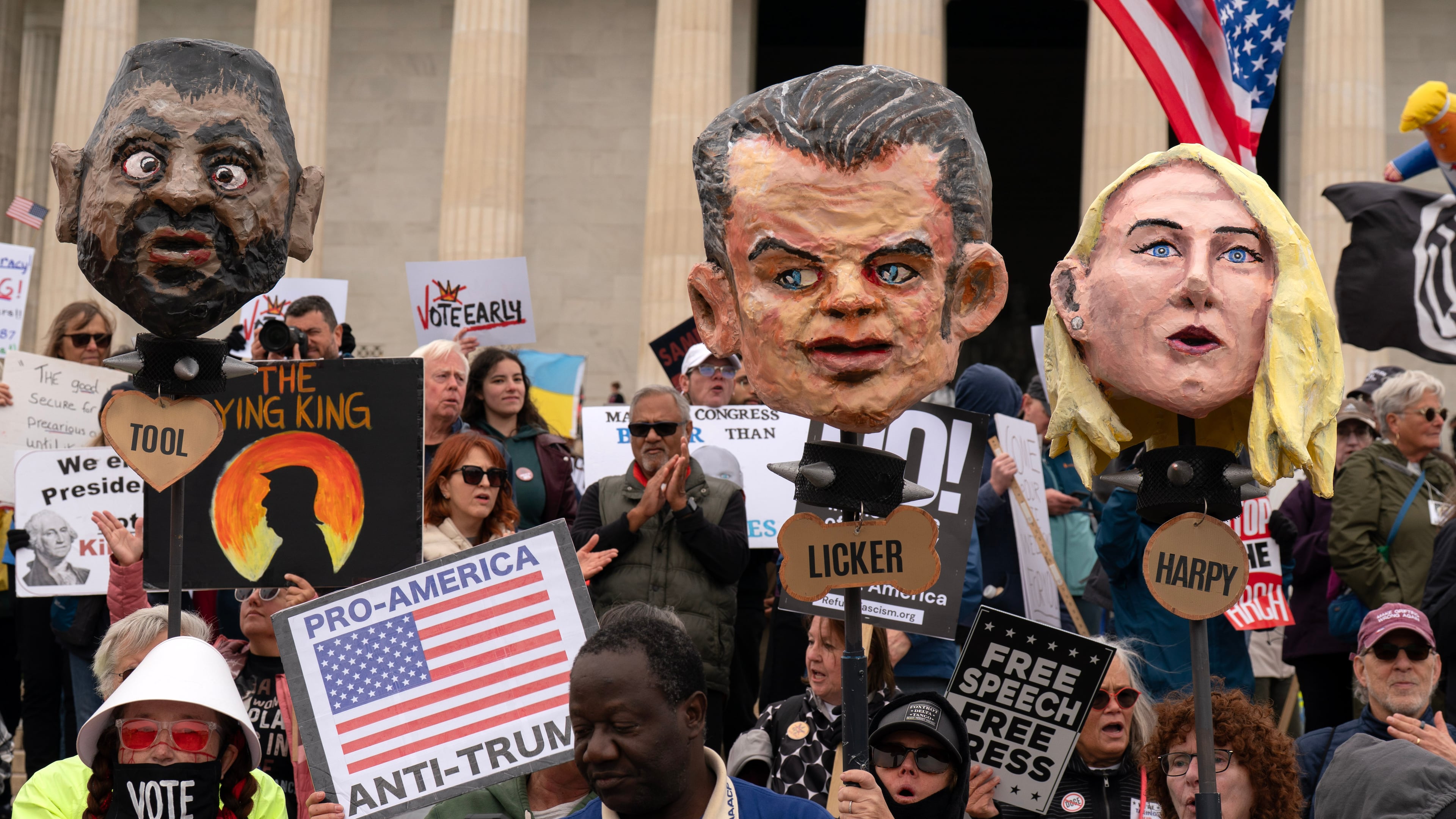 Demonstrators rally at the Lincoln Memorial during a "No Kings" protest in Washington, Saturday Oct. 17, 2026. (AP Photo/Jose Luis Magana)
