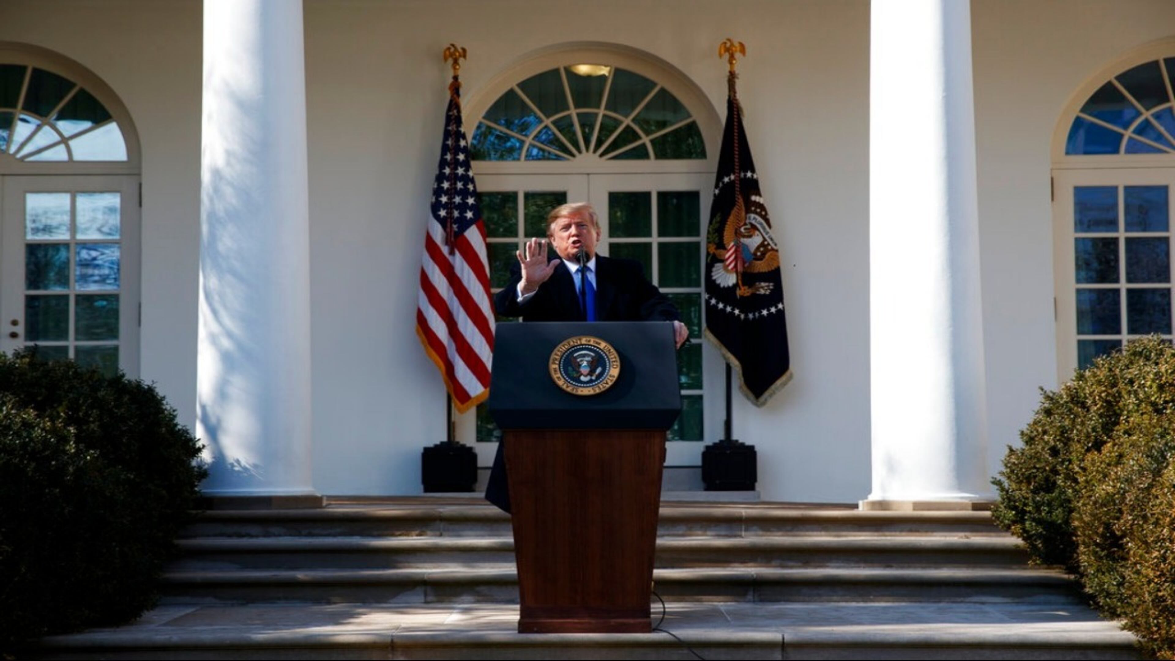President Donald Trump speaks during an event in the Rose Garden at the White House to declare a national emergency in order to build a wall along the southern border, Friday, Feb. 15, 2019, in Washington.
