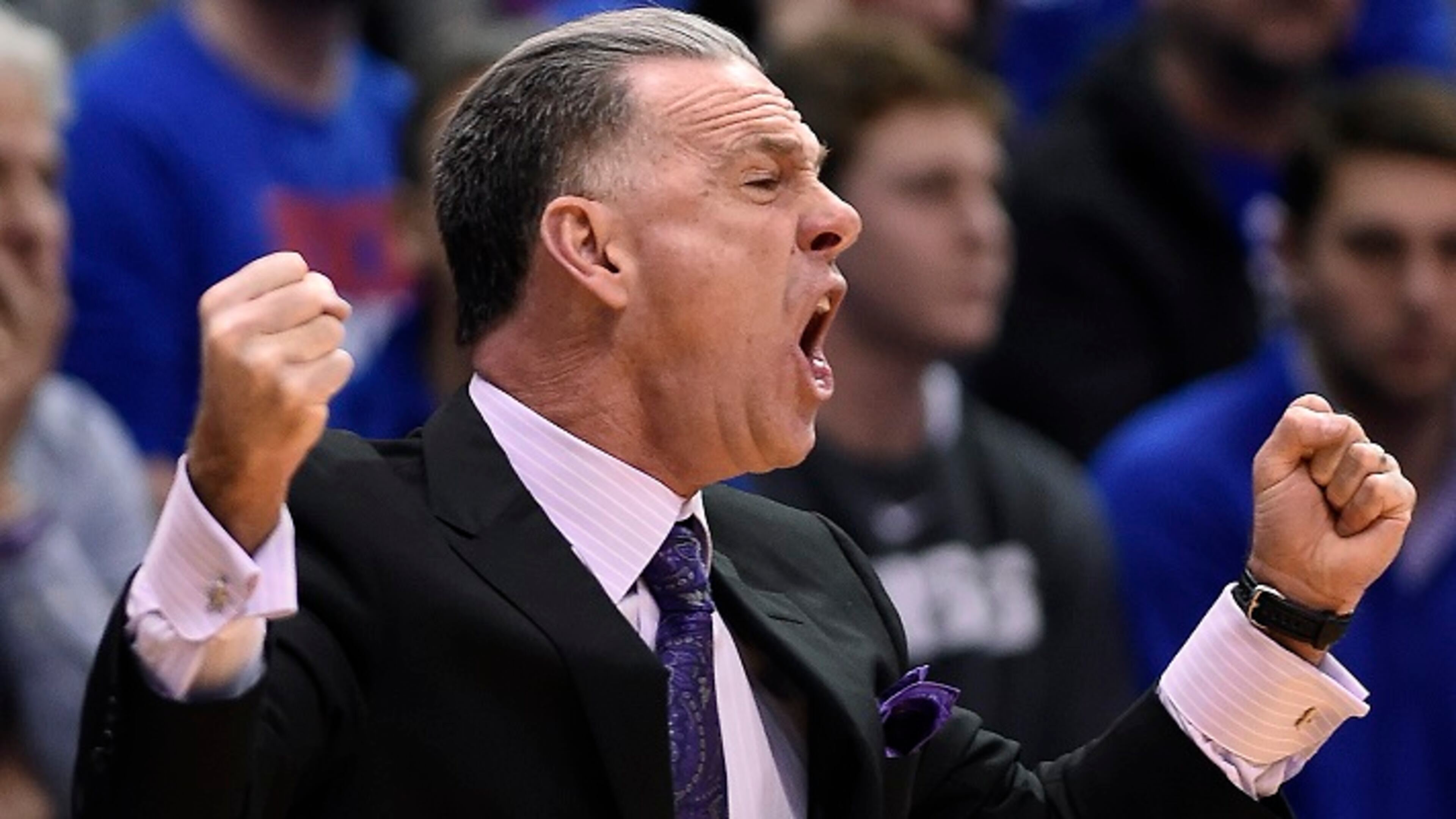 TCU coach Jamie Dixon yells instructions to his team during the first half against Kansas at Allen Fieldhouse in Lawrence, Kan., on Tuesday, Feb. 6, 2018. Kansas won, 71-64. (Rich Sugg/Kansas City Star/TNS)