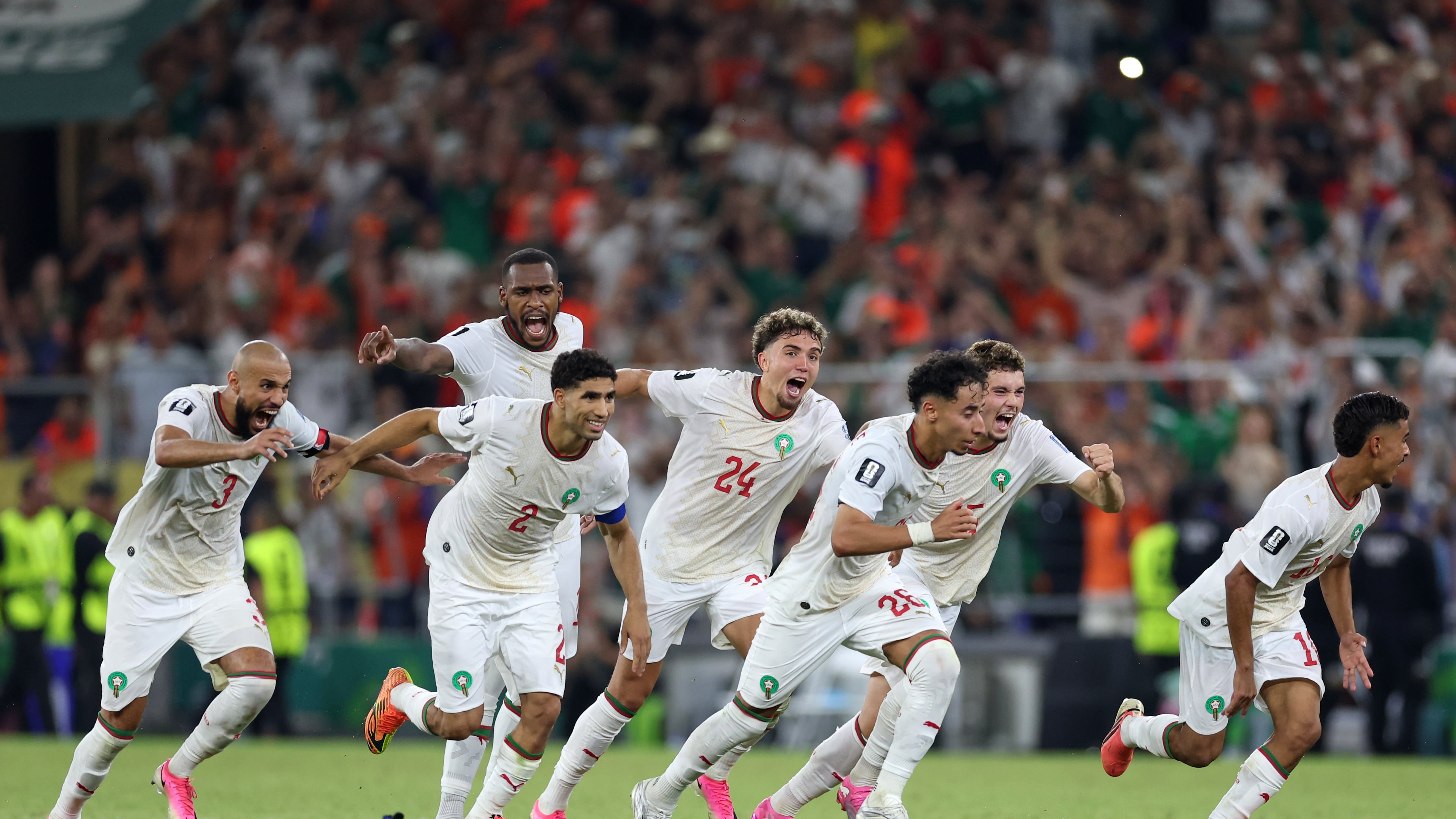 The Moroccan team starts to celebrate after winning on penalty kicks the World Cup round of 32 soccer match between the Netherlands and Morocco in Guadalupe, near Monterrey, Mexico, Monday, June 29, 2026. (AP Photo/Sofia Yaker)