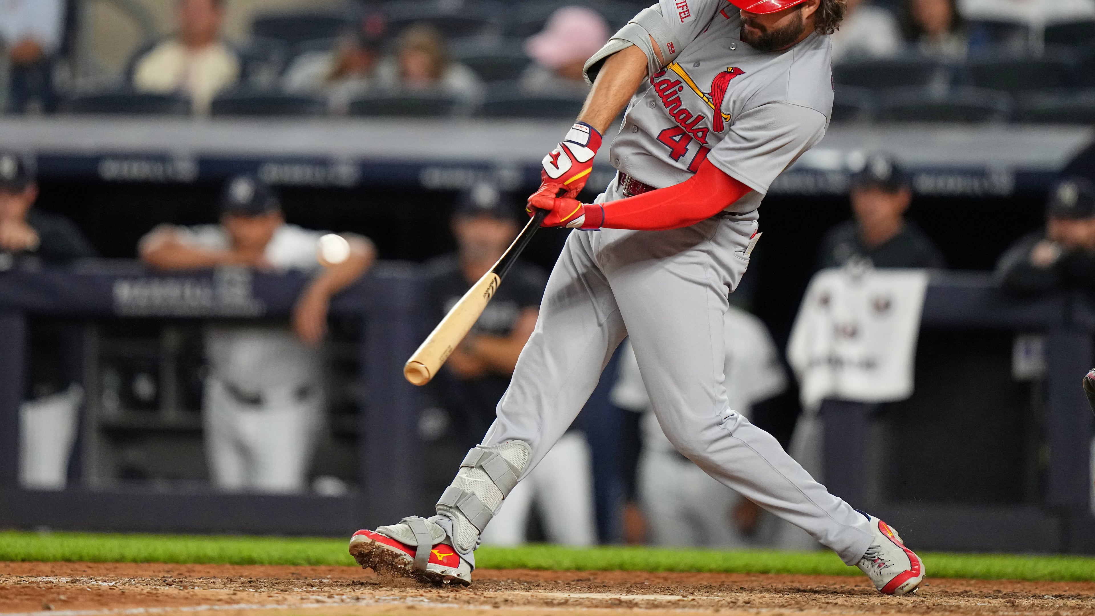 St. Louis Cardinals' Alec Burleson (41) hits a two-run home run during the eighth inning of a baseball game against the New York Yankees Monday, Aug. 3, 2026, in New York. (AP Photo/Frank Franklin II)