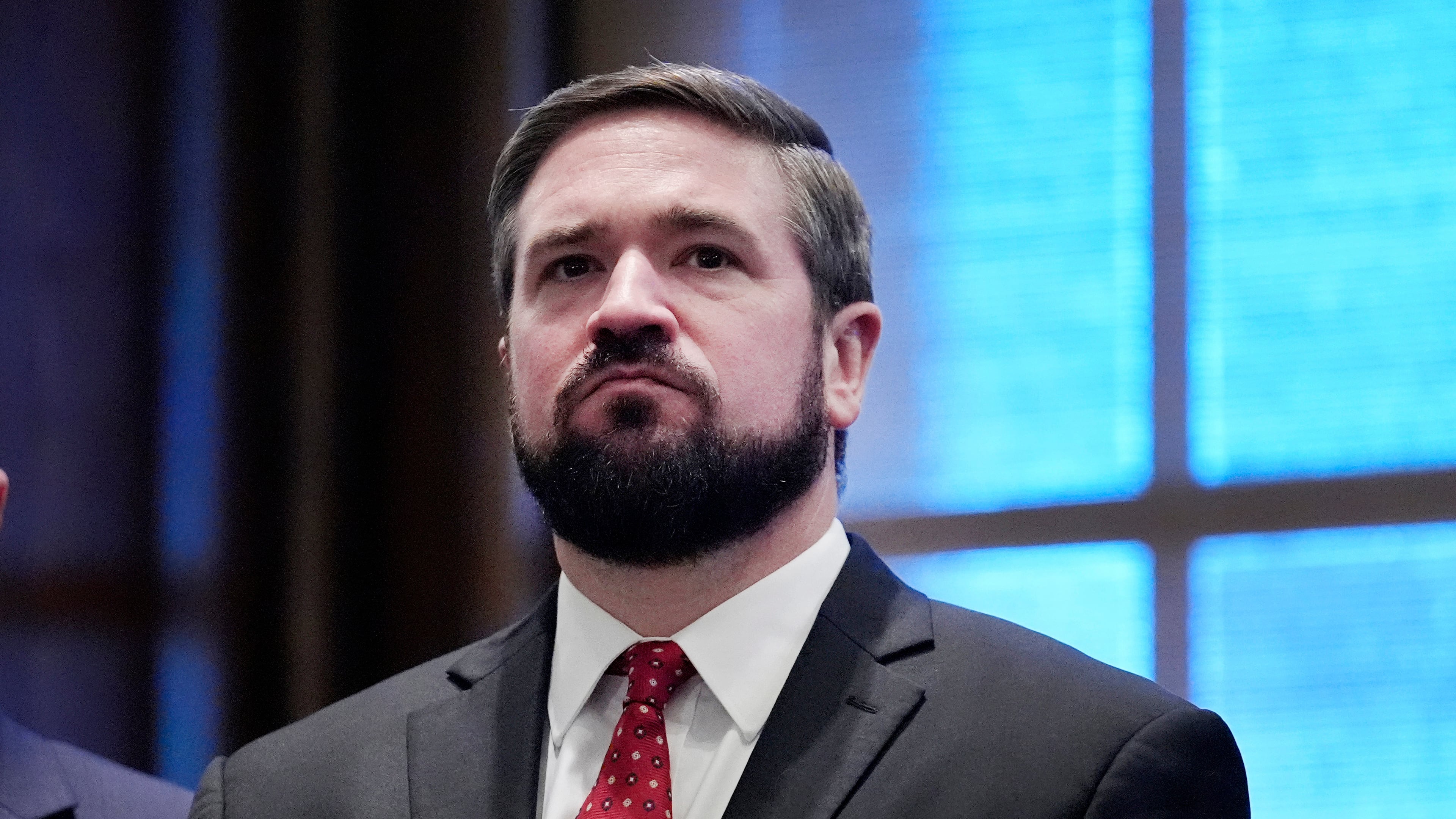 FILE - Missouri Attorney General Andrew Bailey stands in the governor's office after being sworn in, Jan. 13, 2025, in Jefferson City, Mo. (AP Photo/Jeff Roberson, File)