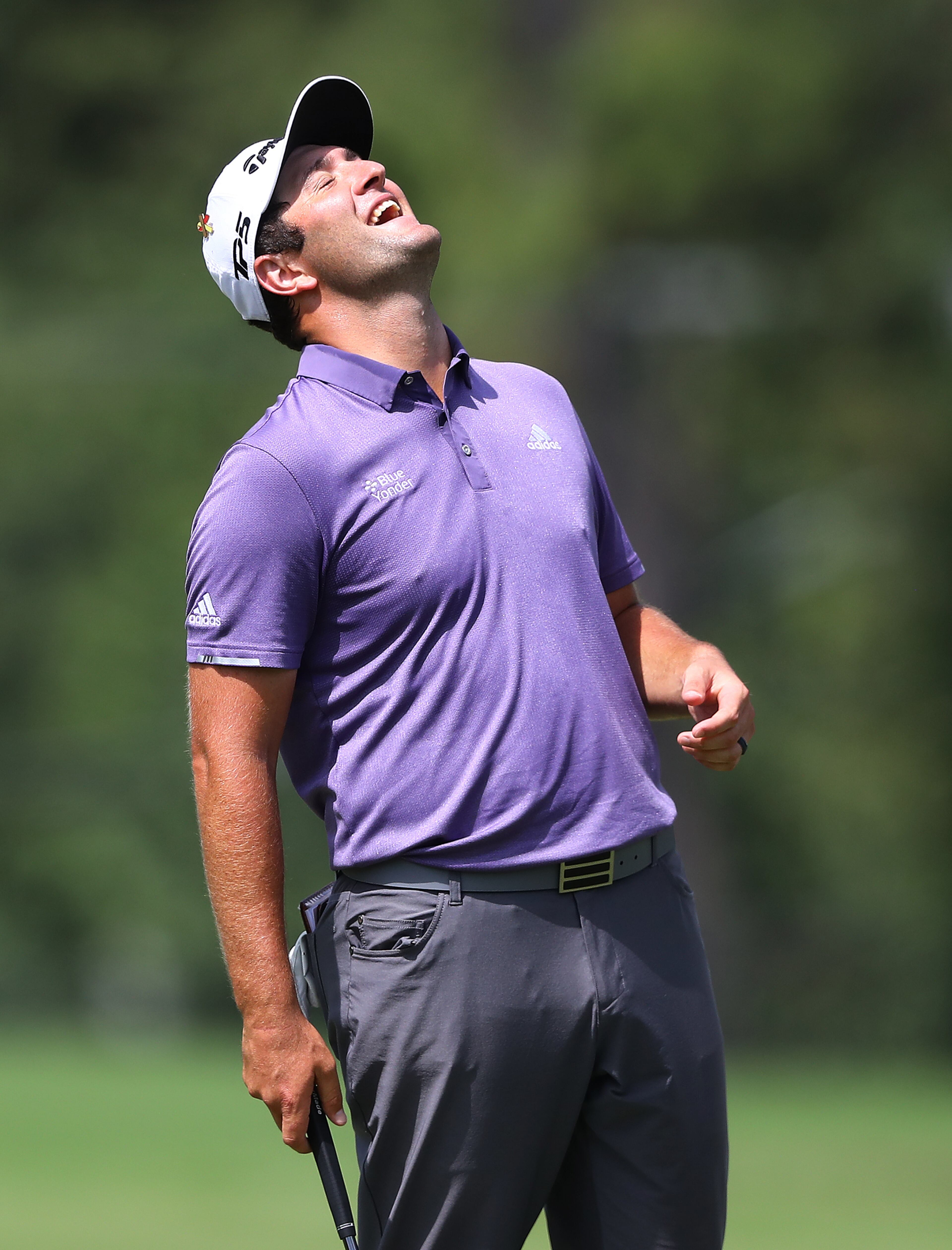 Jon Rahm reacts with laughter after making a long birdie putt on the first hole during his practice round for the Tour Championship at East Lake Golf Club on Thursday, Sept. 3, 2020 in Atlanta. “Curtis Compton / Curtis.Compton@ajc.com”