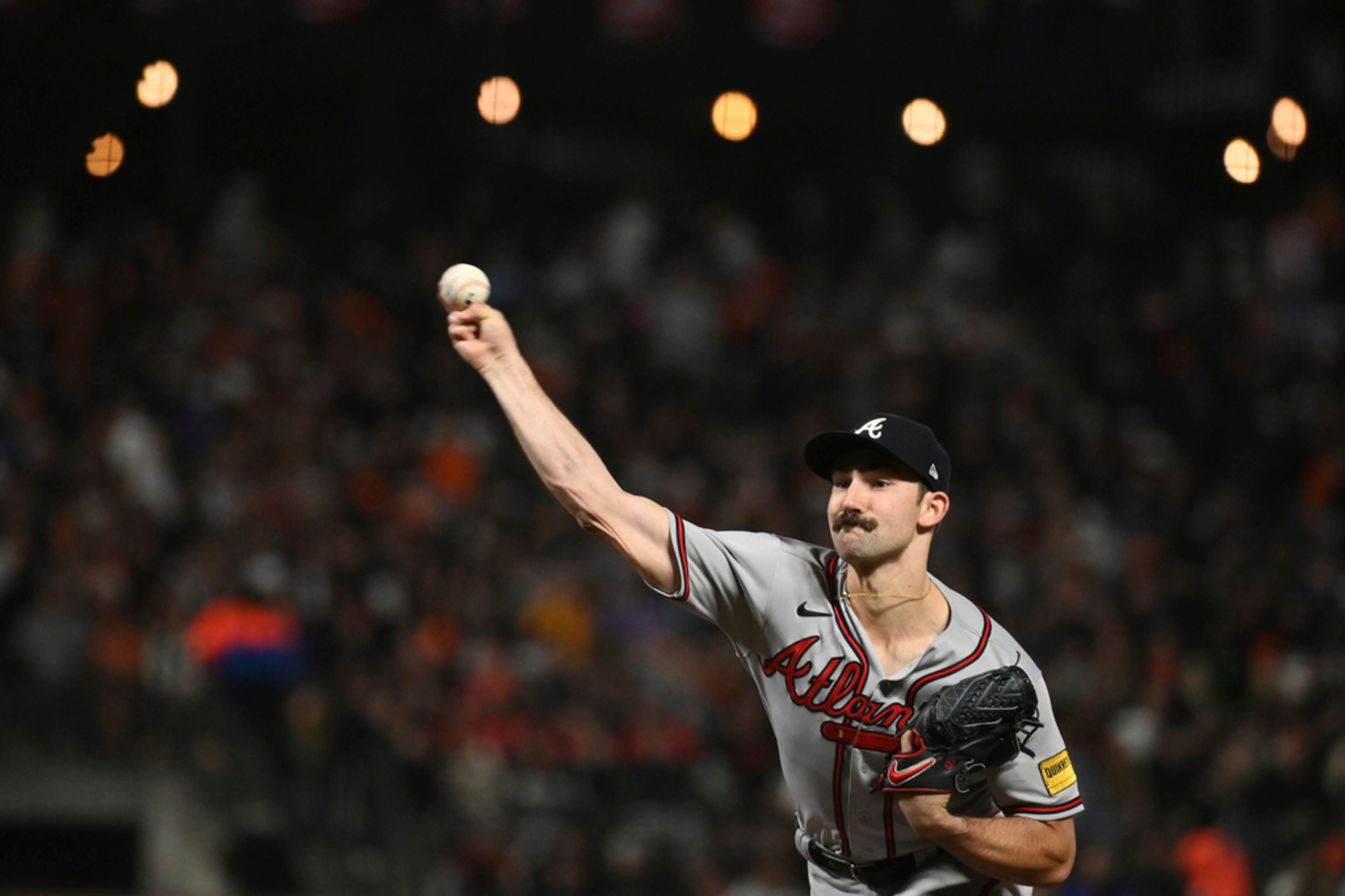 Atlanta Braves pitcher Spencer Strider throws during the fifth inning of the team's baseball game against the San Francisco Giants in San Francisco, Friday, Aug. 25, 2023. (AP Photo/Nic Coury)