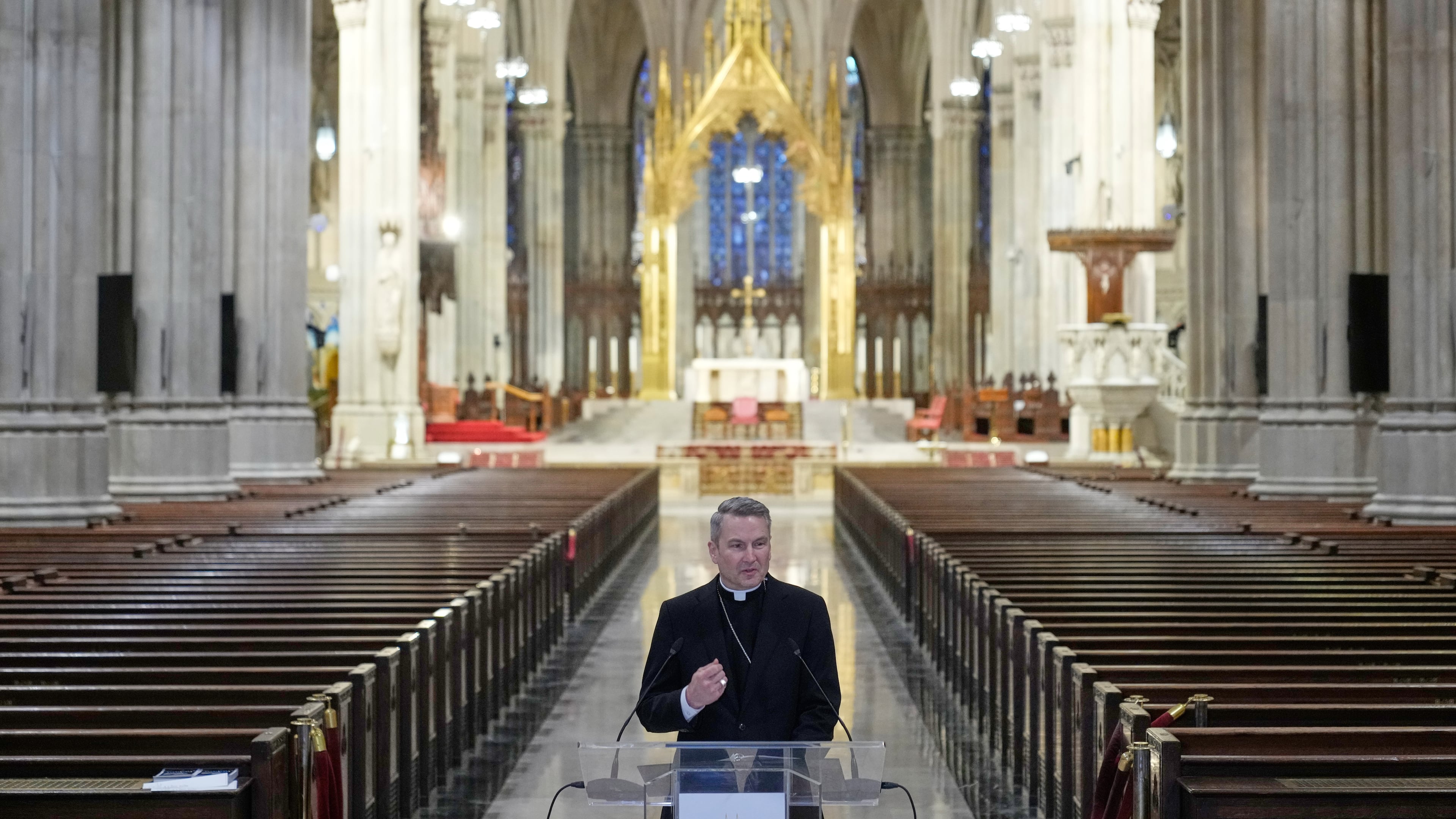 Archbishop-designate Ronald Hicks talks to reporters during a news conference at St. Patrick's Cathedral in New York, Feb. 5, 2026. (AP Photo/Seth Wenig)