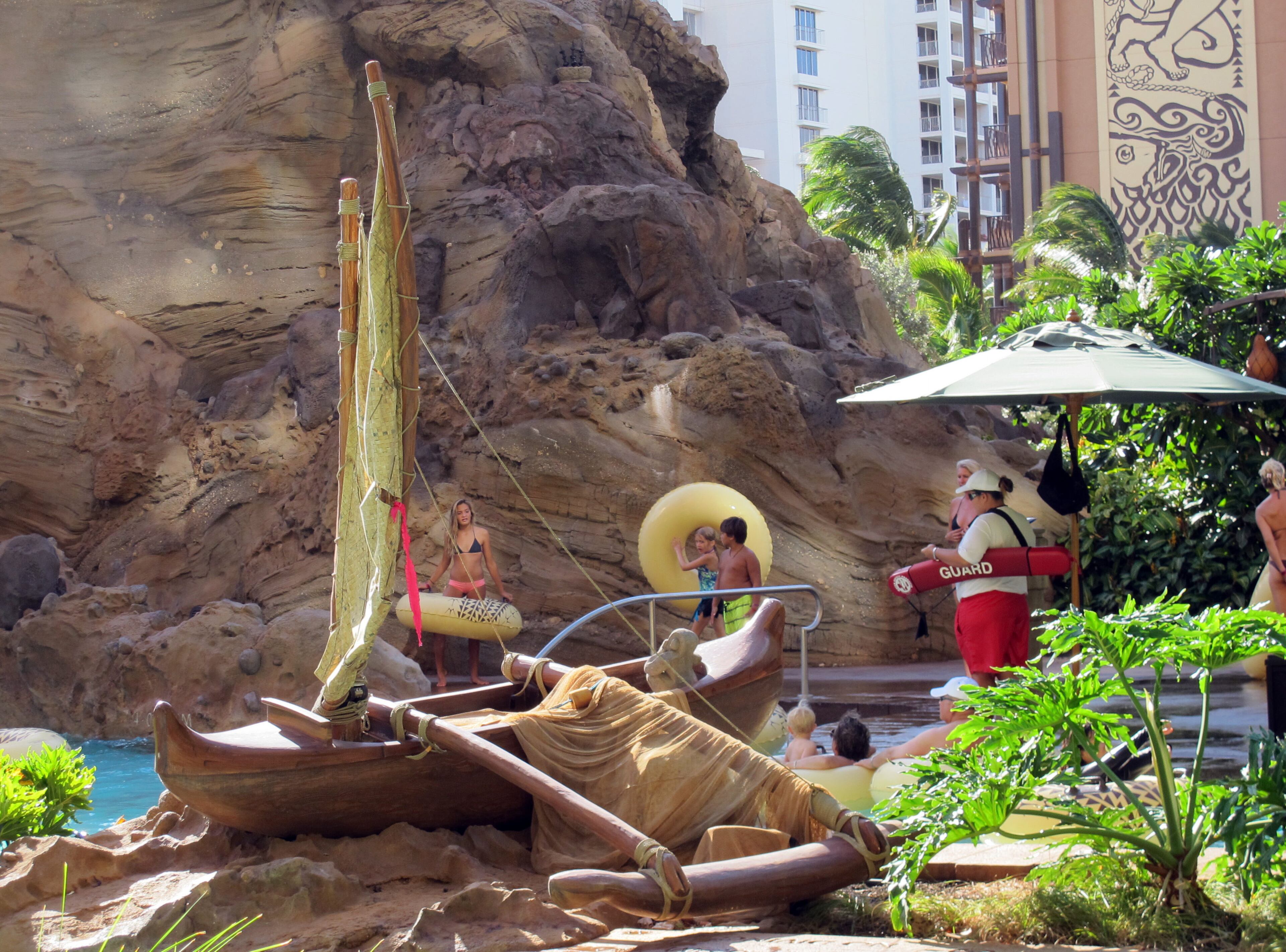 A Hawaiian canoe is seen next to a lazy river swimming pool at Aulani, Disney's resort in Kapolei. The Hawaiian islands were discovered by Polynesian explorers who braved the Pacific in canoes and to this day, canoeing remains a Hawaiian tradition.