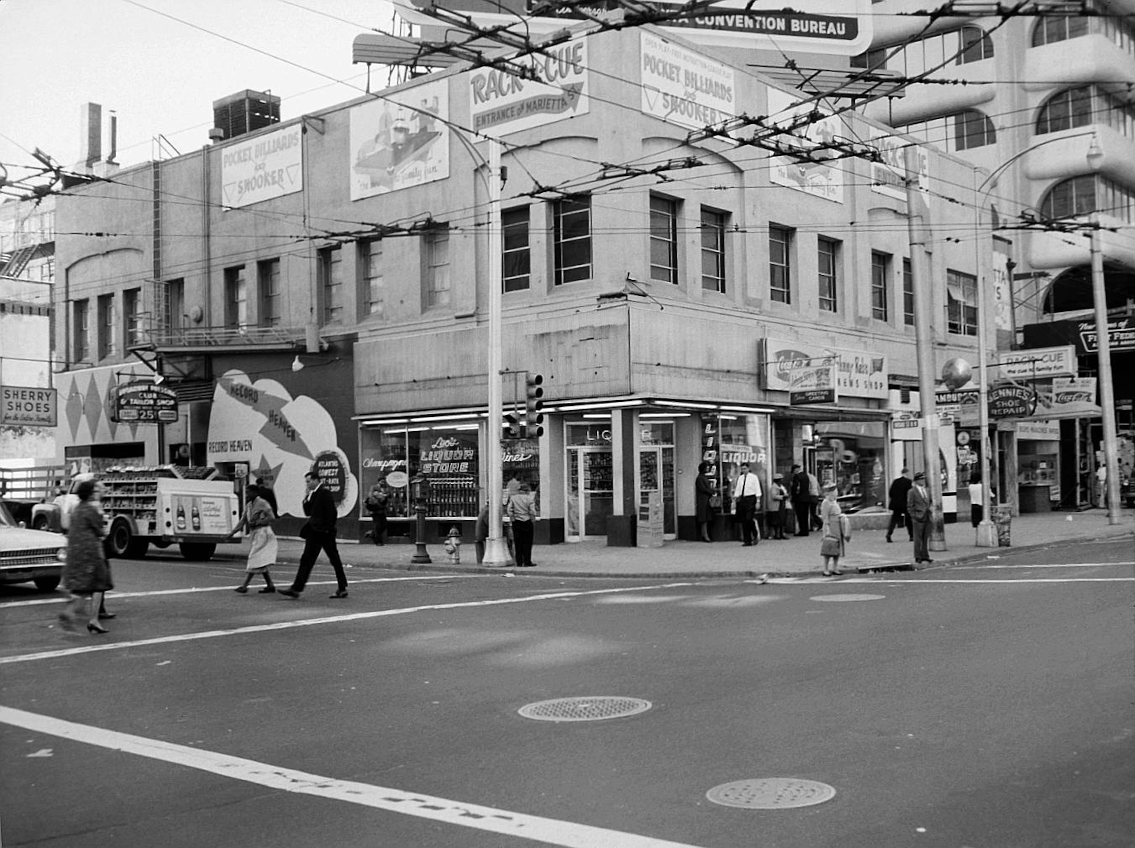 The intersection of Marietta and Broad streets. There's no date on the photo, but likely mid- to late-1960s. The 40 Marietta Street bulding in the upper right opened in 1964. LBGPNS7-125b, Lane Brothers Commercial Photographers Photographic Collection, 1920-1976. Photographic Collection, Special Collections and Archives, Georgia State University Library.