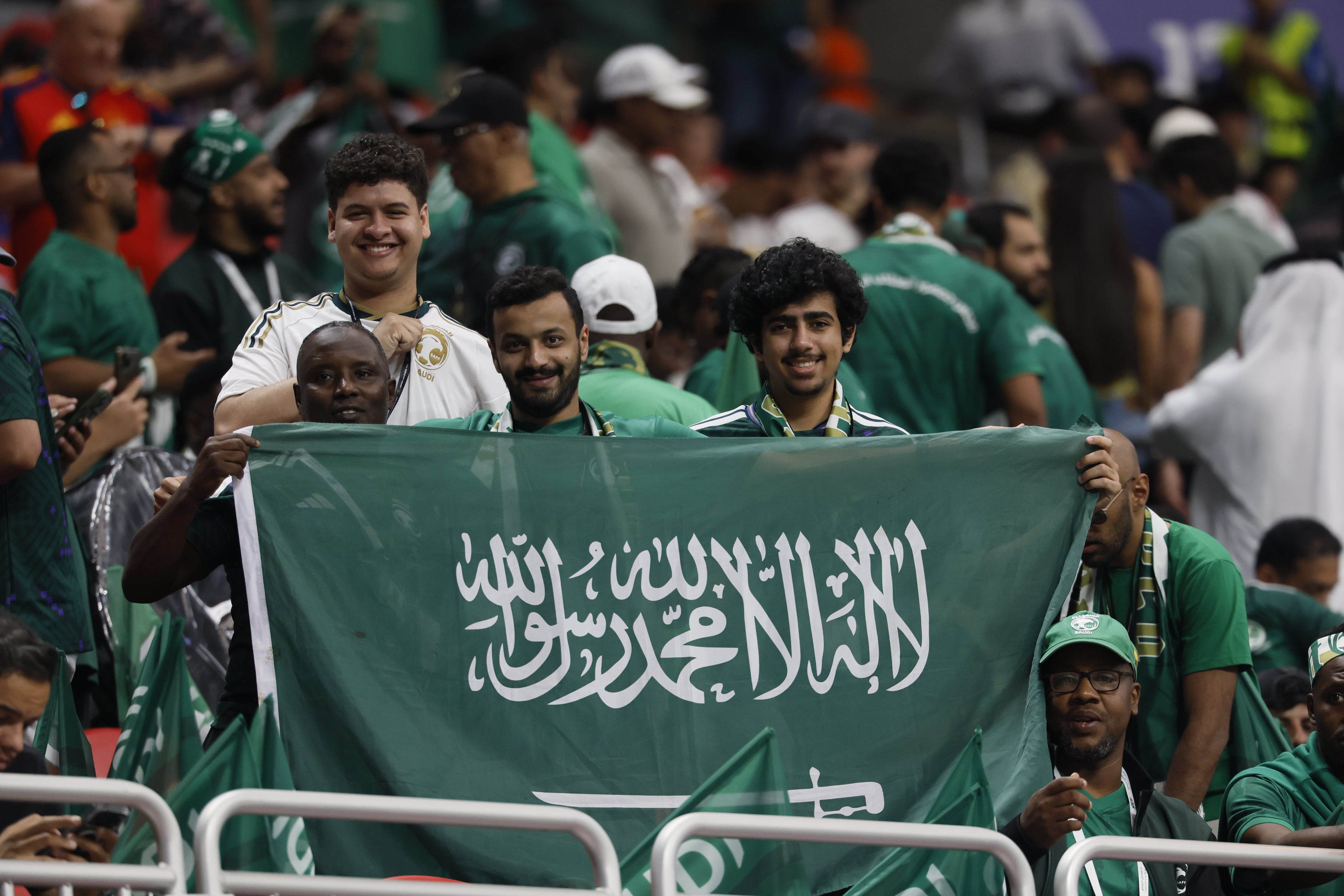 Fans of Saudi Arabia get ready for the Spain vs. Saudi Arabia FIFA World Cup match Sunday, June 21, 2026, at Atlanta Stadium. (Miguel Martinez/AJC)