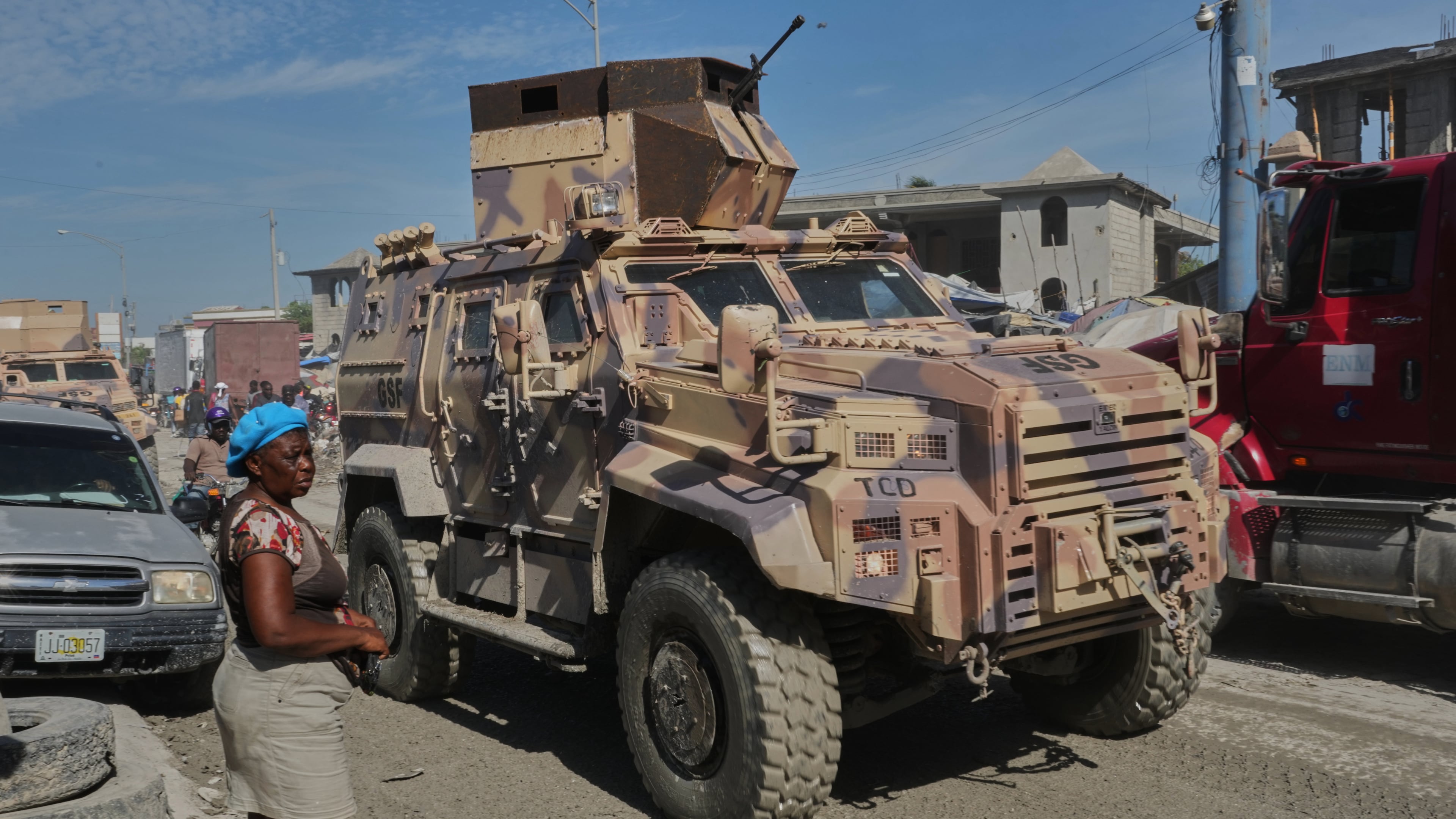 An armored police vehicle that is part of Gang Suppression Force (GSF) patrols in Port-au-Prince, Haiti, Tuesday, Sept. 29, 2026. (AP Photo/Odelyn Joseph)