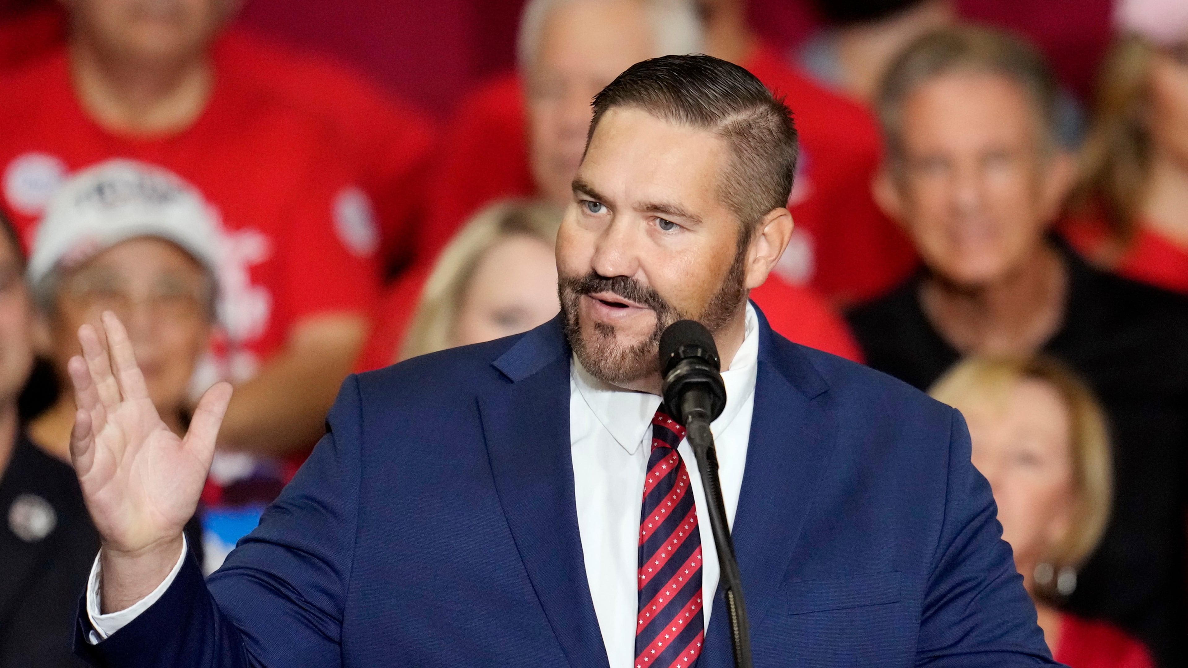 FILE - Maricopa County Recorder candidate Arizona state Rep. Justin Heap, R-Phoenix, speaks during a campaign event Oct. 22, 2024, in Peoria, Ariz. (AP Photo/Ross D. Franklin, File)