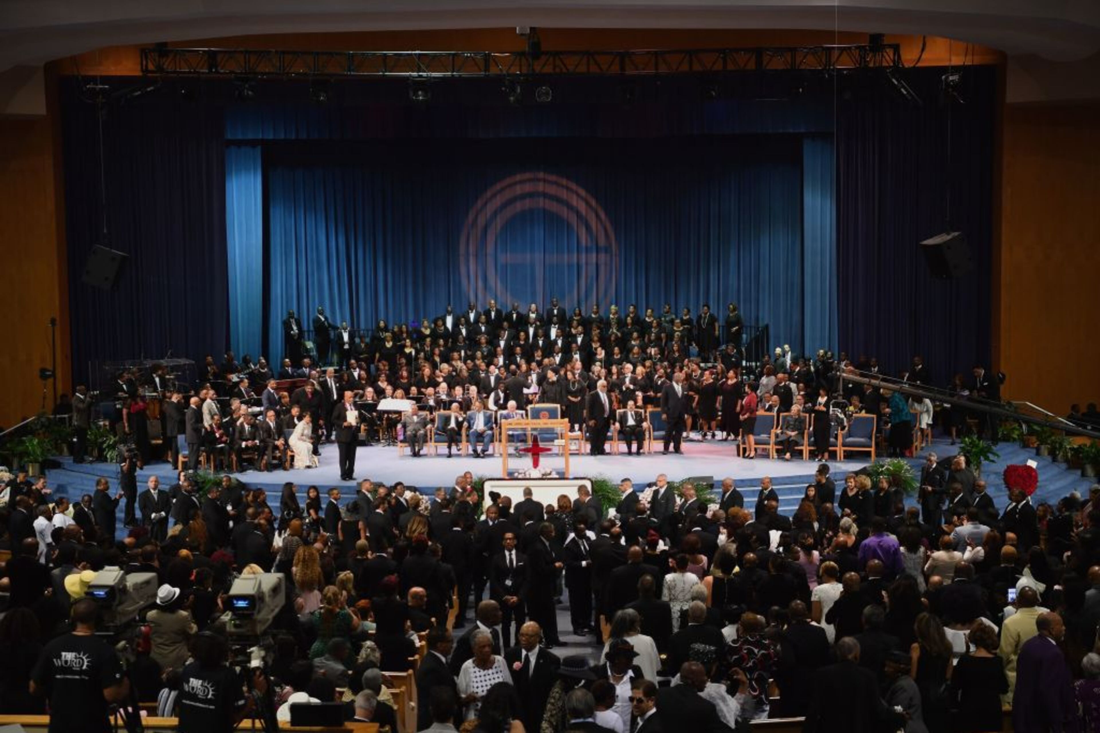 Mourners attend Aretha Franklin's funeral at Greater Grace Temple on August 31, 2018 in Detroit, Michigan. (Photo by Angela Weiss / AFP/Getty Images)