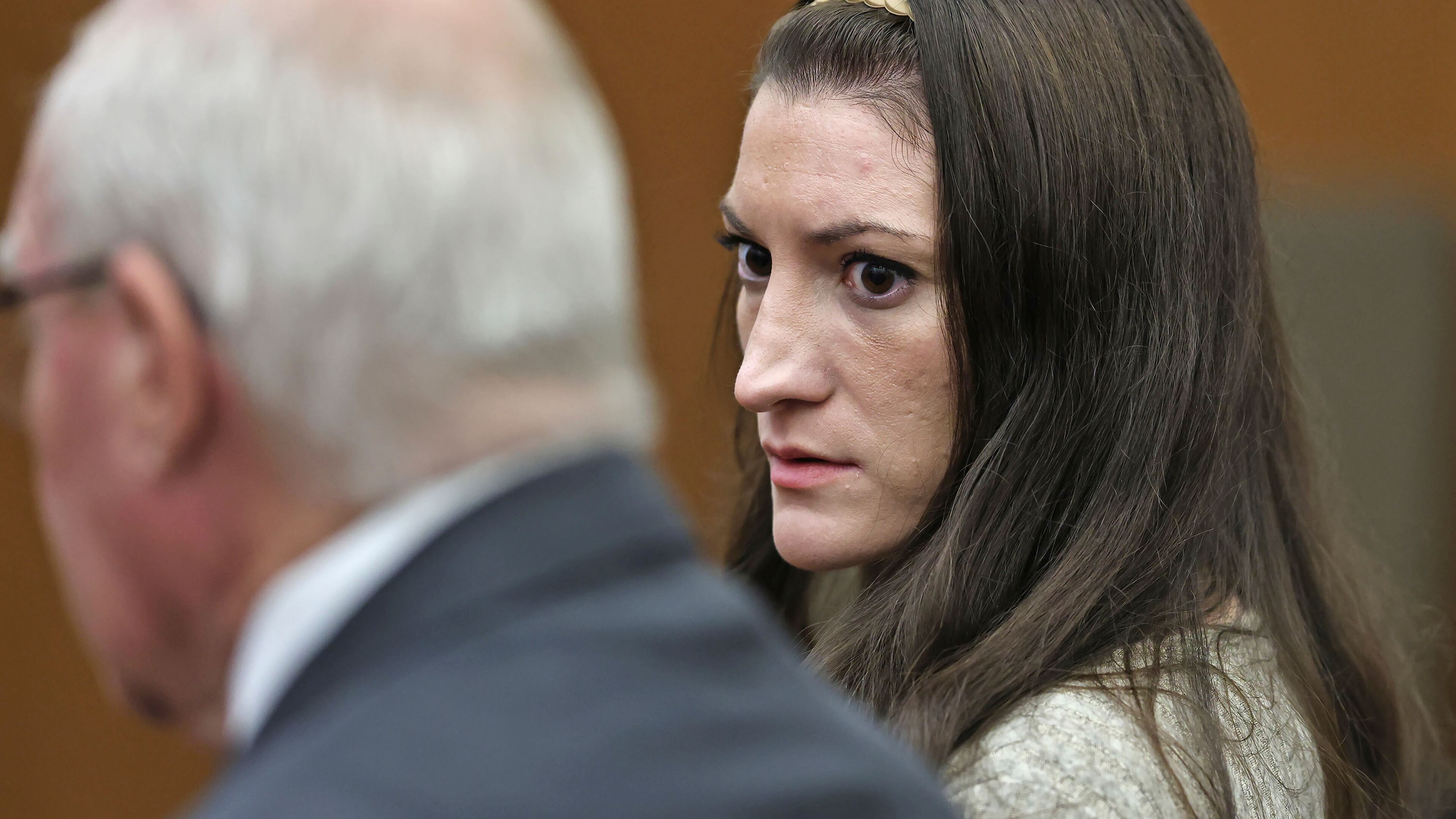 Lindsay Clancy looks to her lawyer Kevin Reddington as the jury keeps deliberating at her murder trial at Plymouth Superior Court in Plymouth, Mass., Tuesday, Sept. 1, 2026. (Greg Derr/The Patriot Ledger via AP, Pool)