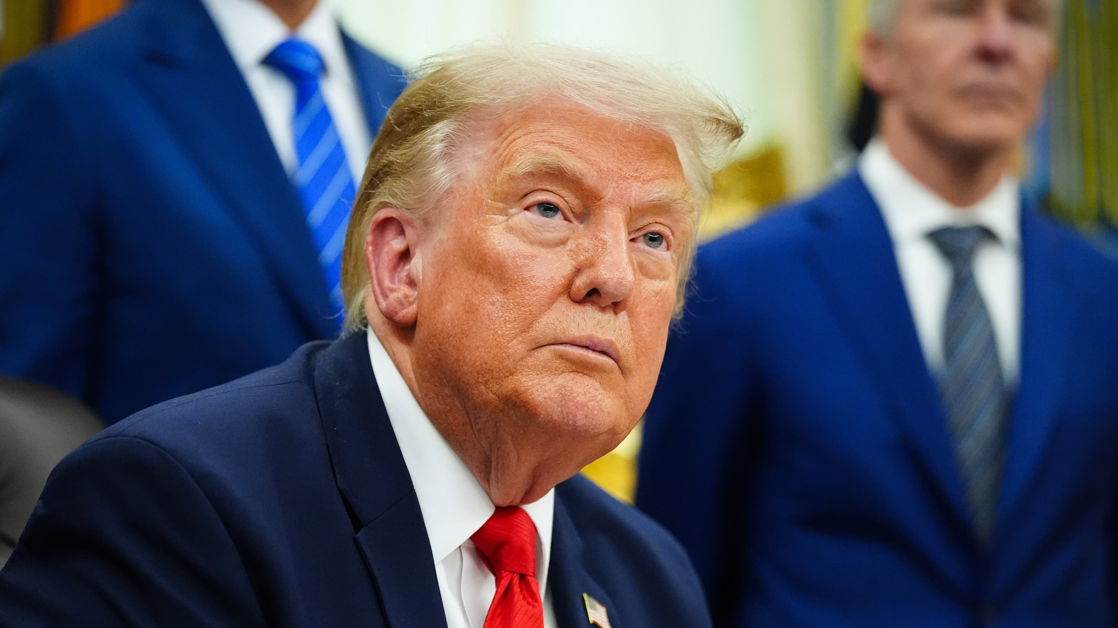 President Donald Trump speaks about Dulles International Airport modernization, in the Oval Office of the White House, Wednesday, July 29, 2026, in Washington. (AP Photo/Julia Demaree Nikhinson)