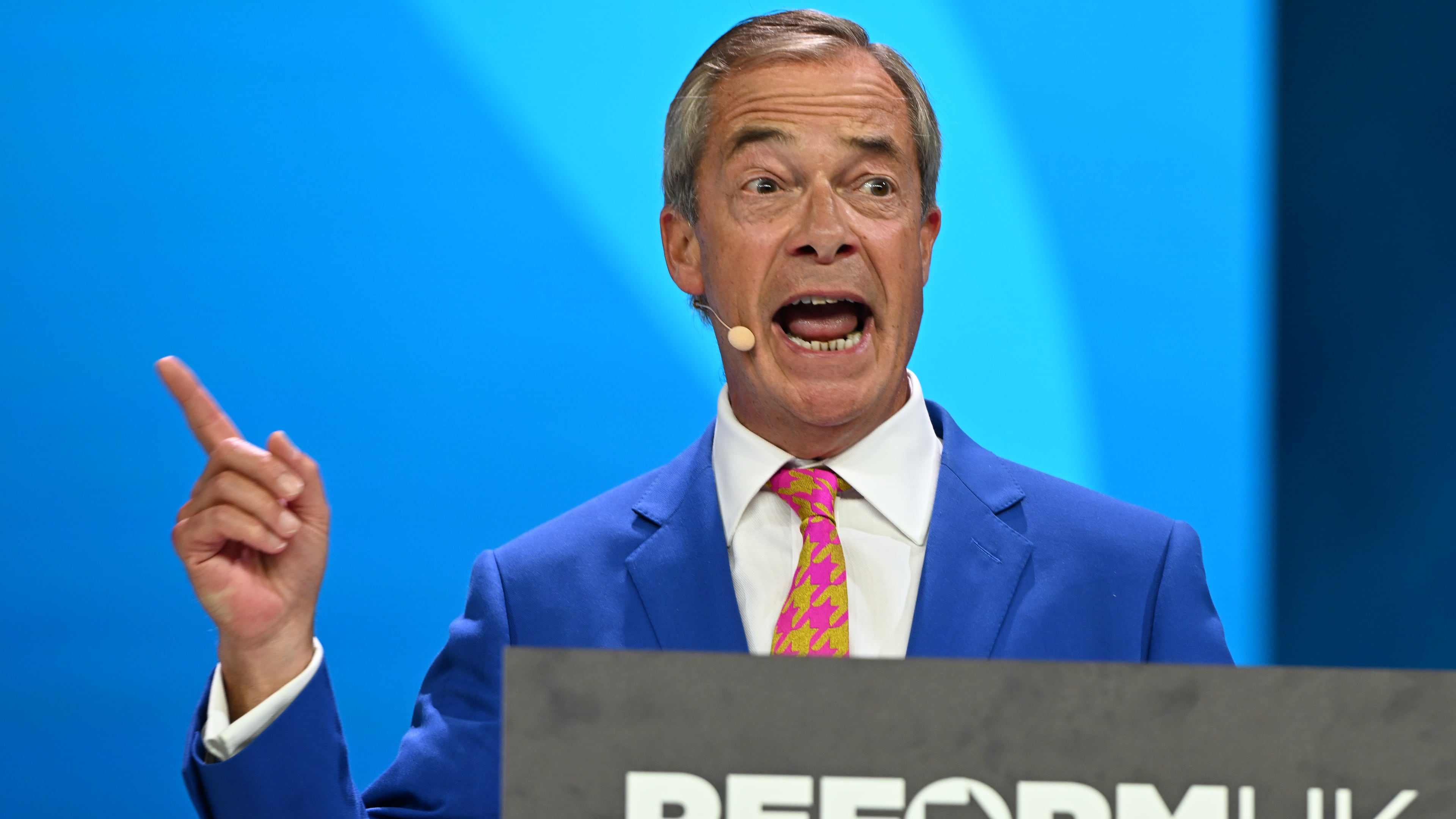 Reform Party Leader Nigel Farage speaks during the Reform party's annual conference at the National Exhibition Centre in Birmingham, England, Friday, Sept. 4, 2026. (AP Photo/Thomas Krych)