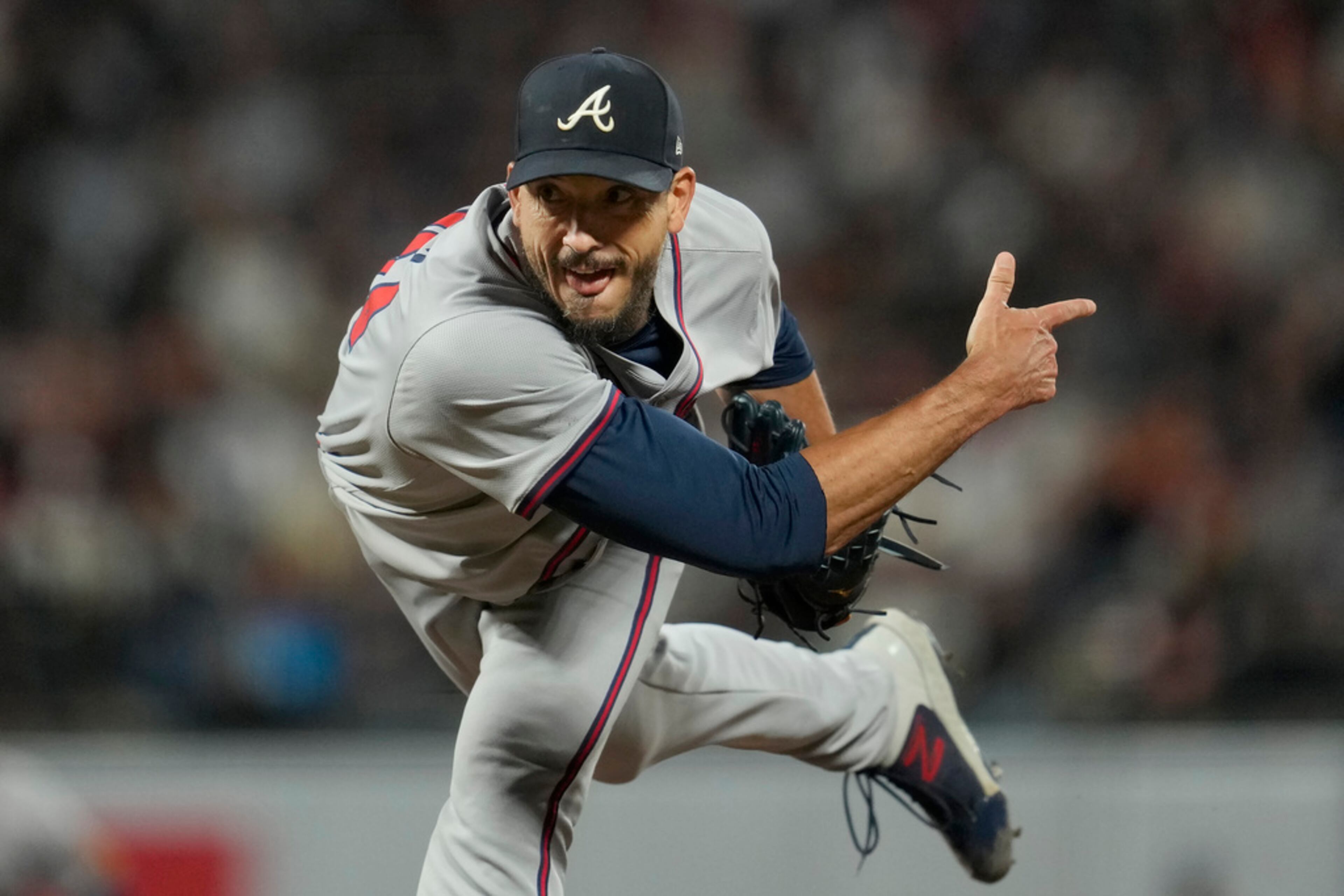 Atlanta Braves pitcher Charlie Morton follows through on a pitch that struck out San Francisco Giants' Mike Yastrzemski during the sixth inning of a baseball game in San Francisco, Tuesday, Aug. 13, 2024. (AP Photo/Jeff Chiu)