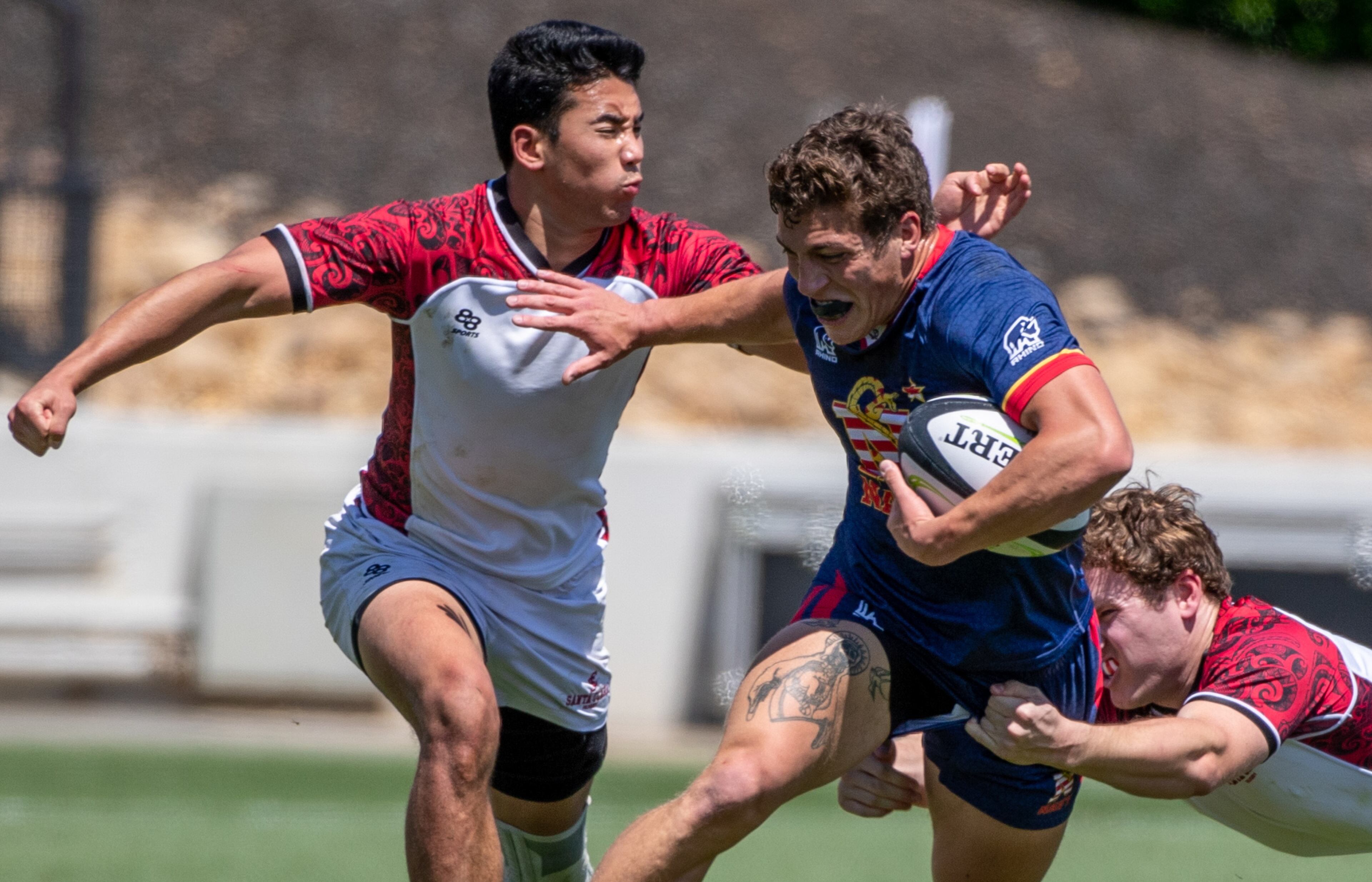 A Davenport player moves the ball upfield against St Mary's during the USA Rugby 7s Collegiate Championships at Kennesaw State University's Fifth Third Bank Stadium on Saturday, May 14, 2022. (Steve Schaefer / steve.schaefer@ajc.com)