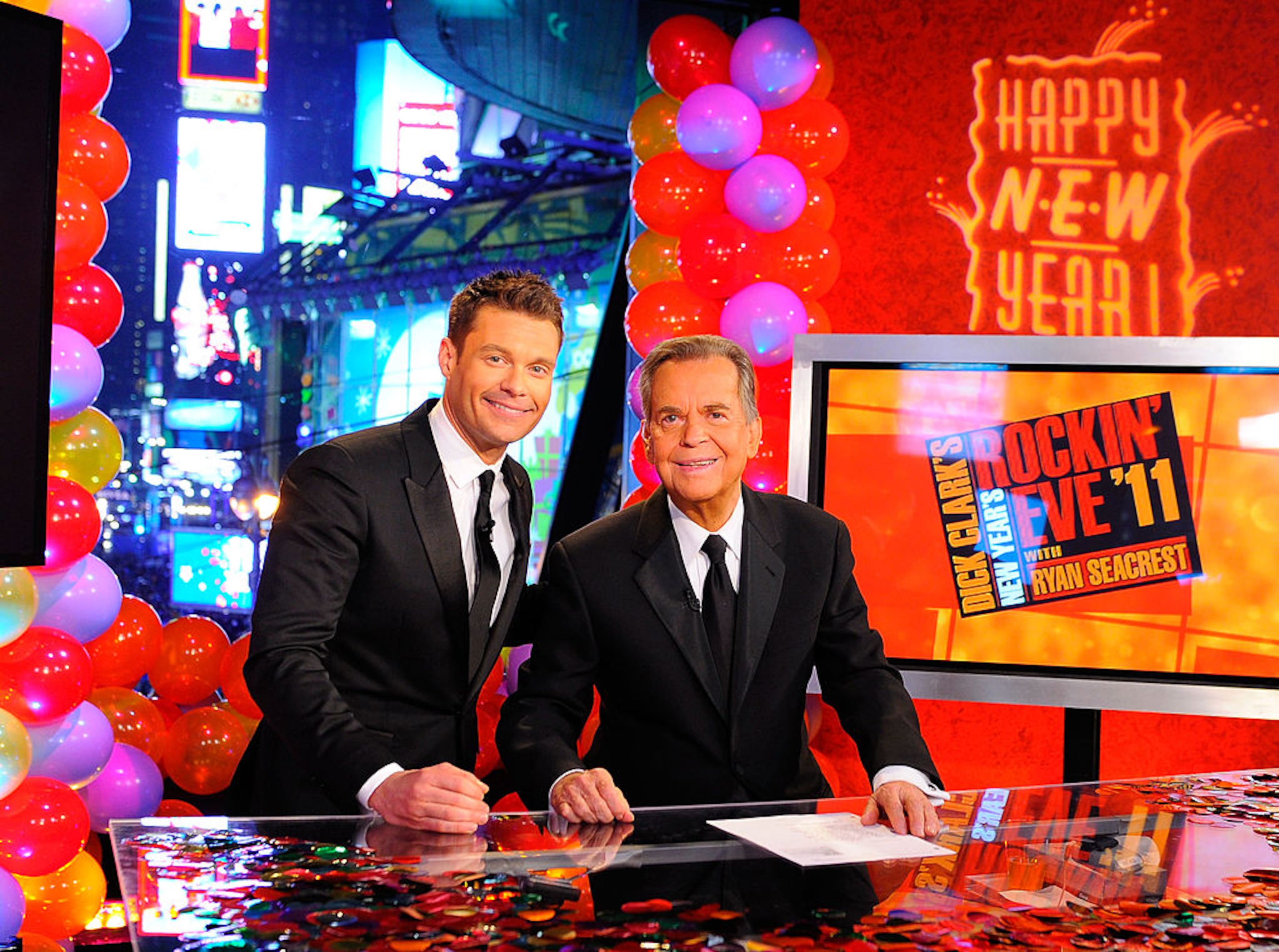 NEW YORK - DECEMBER 31: Ryan Seacrest (L) and Dick Clark attend Dick Clark's New Year's Rockin' Eve with Ryan Seacrest 2011 in Times Square on December 31, 2010 in New York City. (Photo by Andrew Walker/ DCNYRE2011/Getty Images for DCP)