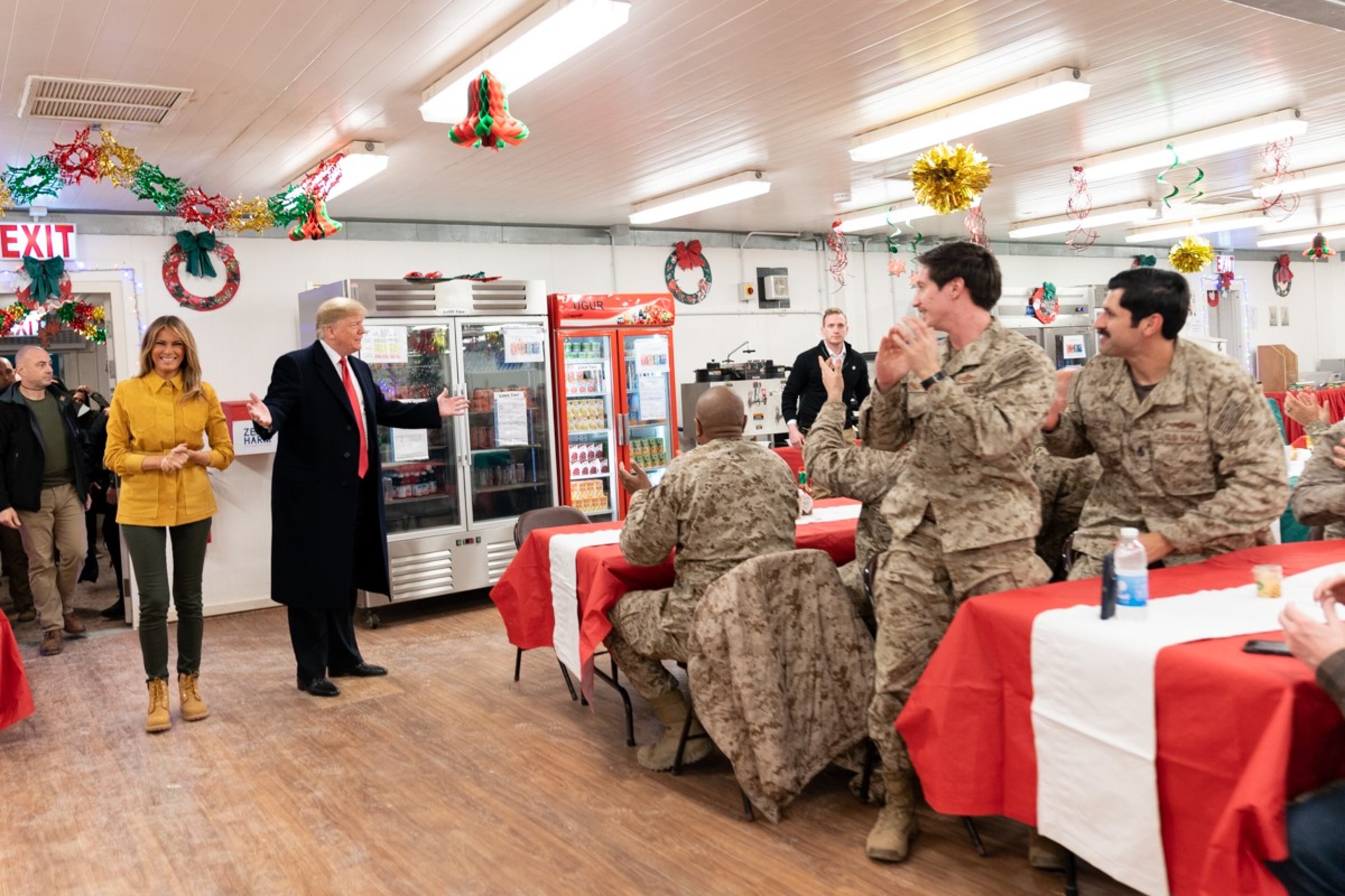 President Donald J. Trump, joined by First Lady Melania Trump, visits U.S. troops at their dining hall Wednesday, December 26, 2018, at the Al-Asad Airbase in Iraq.
