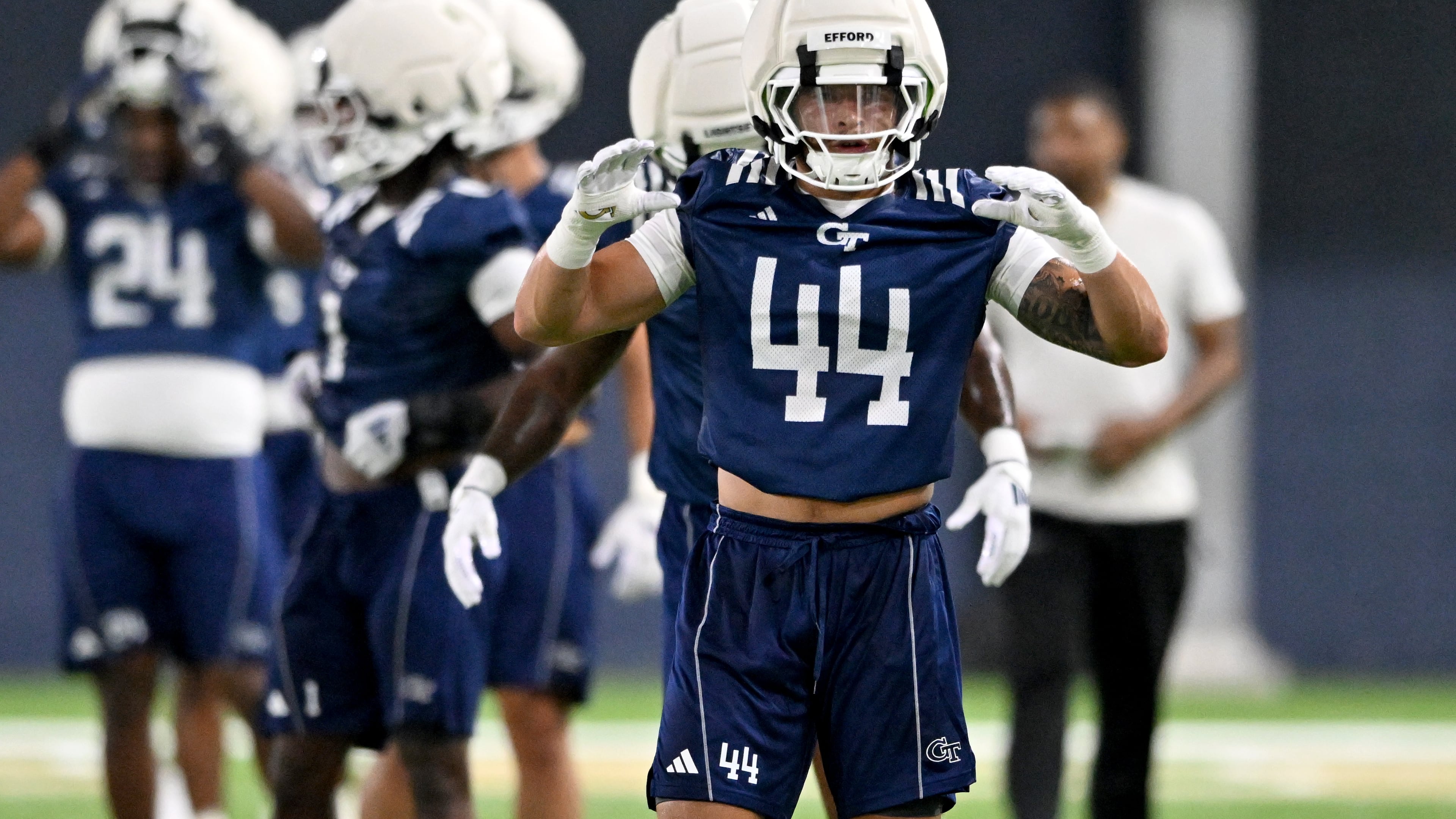 Georgia Tech linebacker Kyle Efford warms up during the first day of football practice at Rose Bowl Field and the Mary and John Brock Football Practice Facility, Tuesday, July 29, 2025, in Atlanta. (Hyosub Shin/AJC)