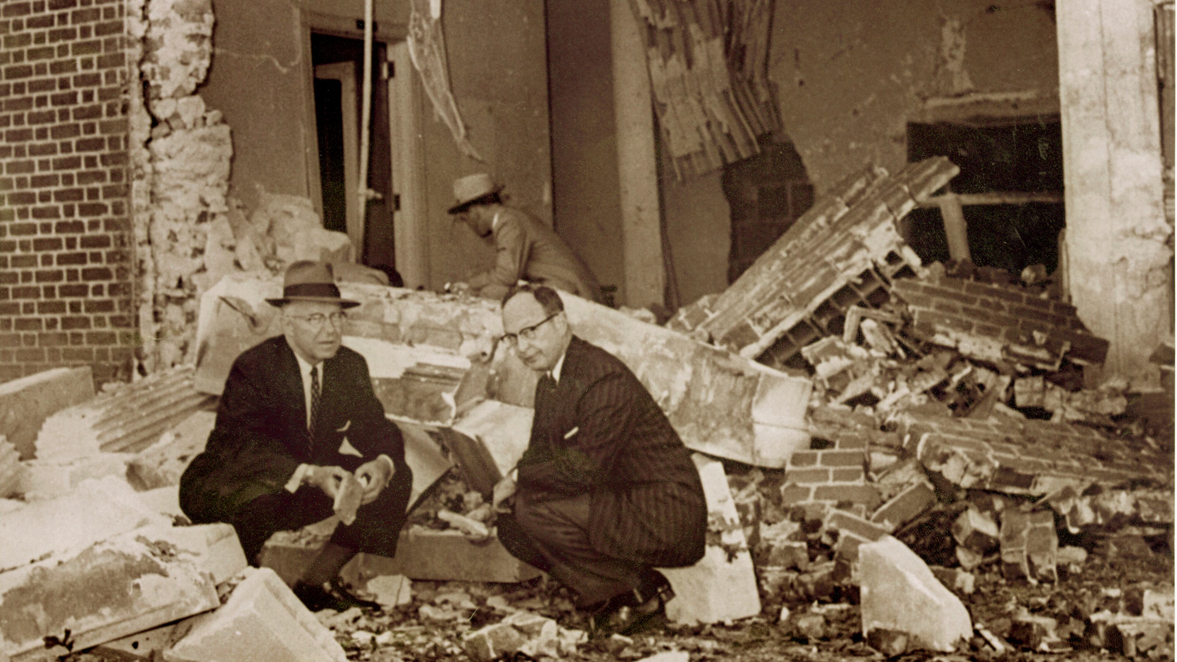 Mayor William B. Hartsfield and Rabbi Jacob M. Rothschild after the Temple bombing, October 1955. Courtesy of The Atlanta Constitution