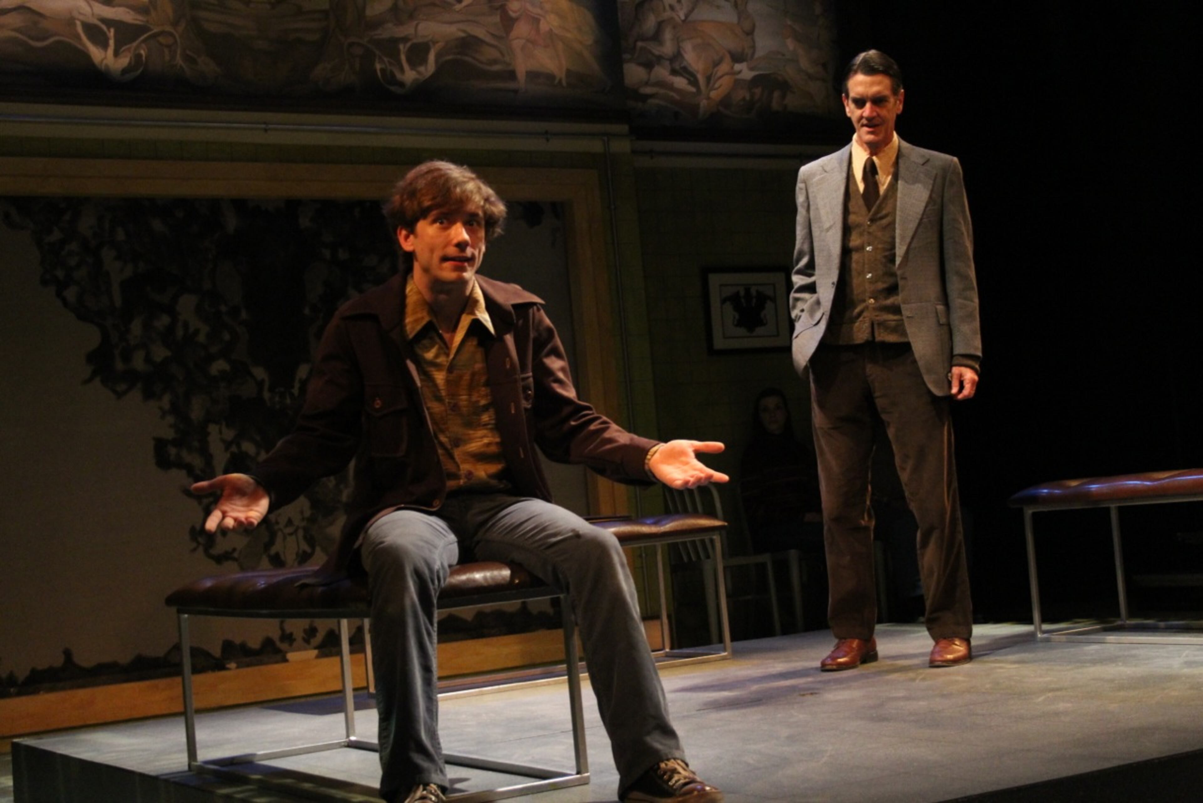 Kyle Brumley (left) and Chris Kayser co-star as patient and psychiatrist in the Actor's Express drama "Equus." PHOTO CREDIT: BreeAnne Clowdus.