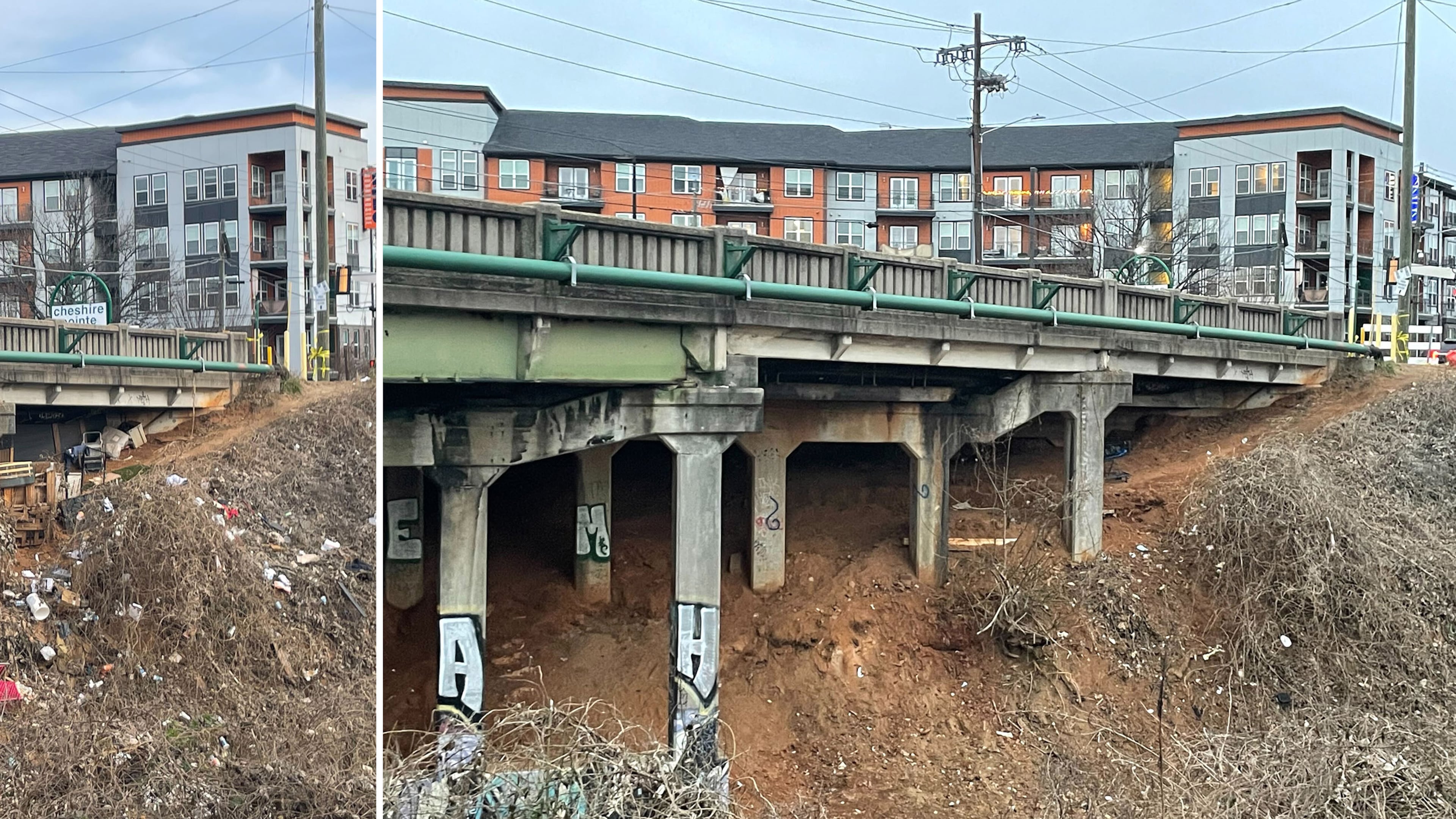 A sturdy homeless encampment has been built over the years under a bridge on Cheshire Bridge. The other side of this bridge had a fire last week, causing the road above it to be closed until engineers determine if the structure is safe. At left is what the underside of the bridge looked like on Dec. 22, 2023 and at right is what the bridge looked like on Jan. 2, 2024, after the encampment was removed. (Bill Torpy/bill.torpy@ajc.com)