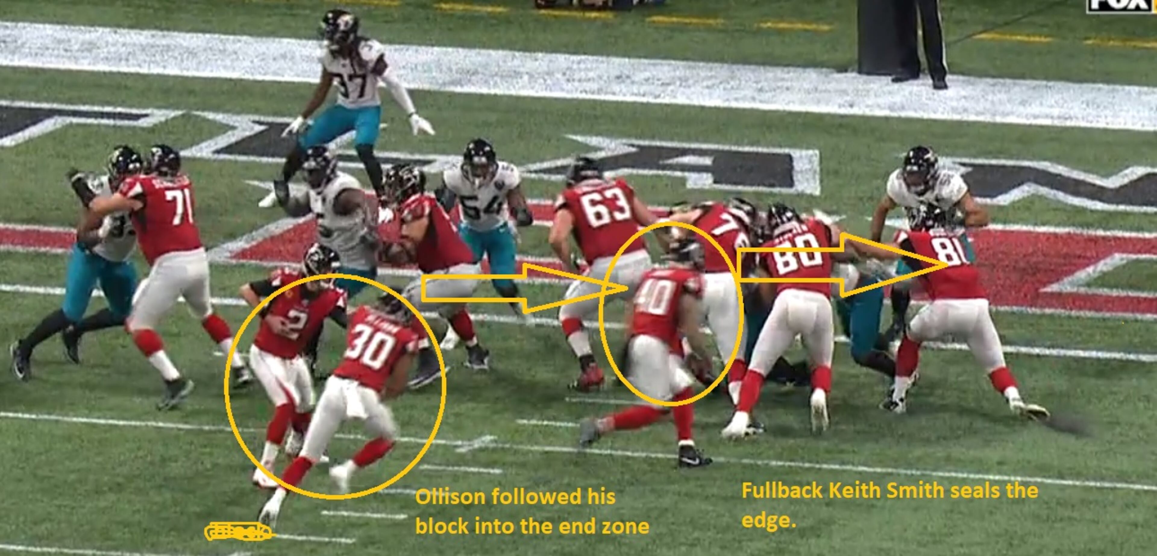 Rookie running Qadree Ollison follows the lead block of Keith Smith for a 3-yard touchdown run. (Fox Sports screen grab from Gamepass.nfl.com)