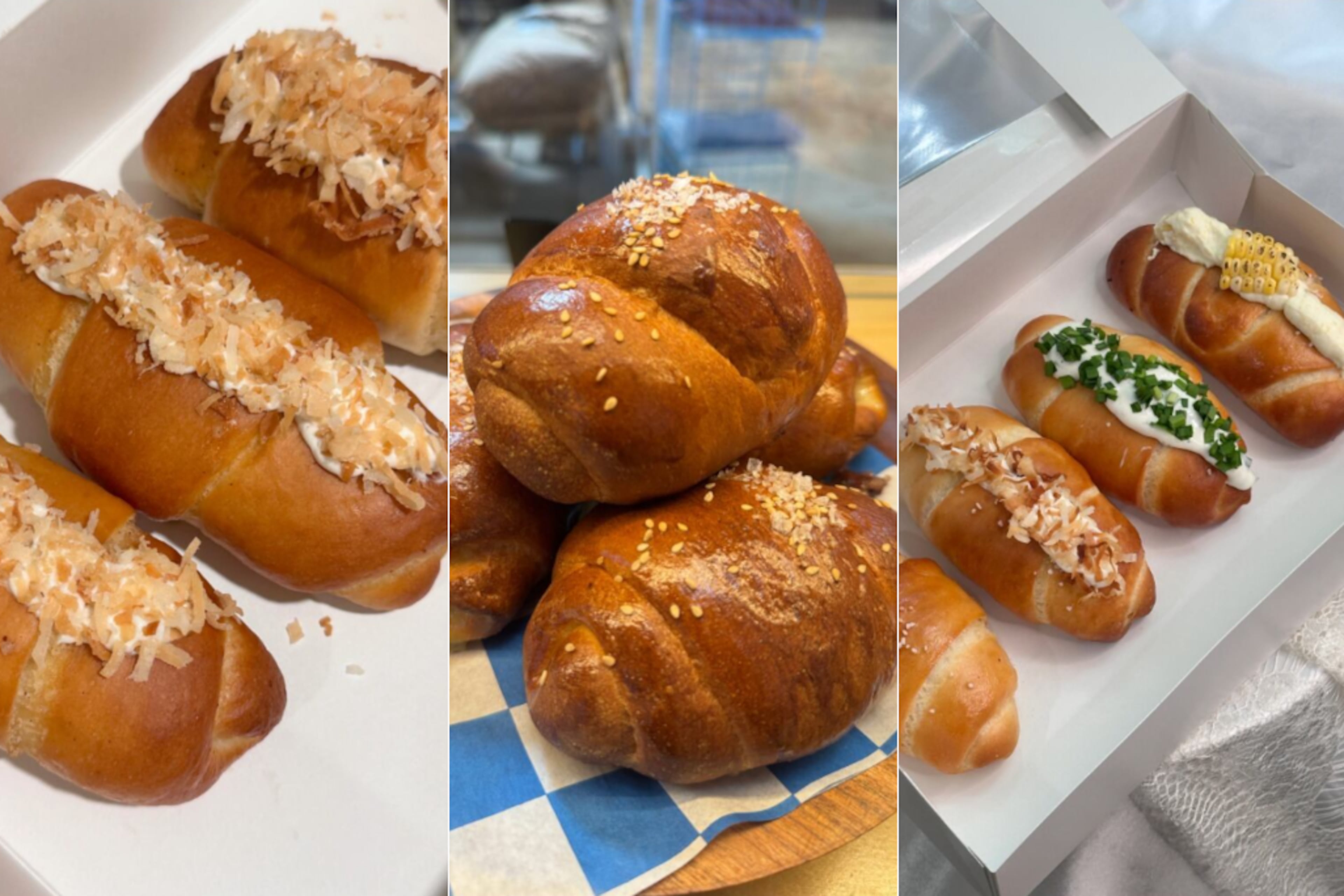 Three examples of salt bread (from left): Toasted coconut salt bread from Butter and Bean (Courtesy of Lydia Huh); salt bread at Leftie Lee's (Courtesy of Vivian Lee); assorted salt breads from Butter and Bean (Courtesy of Lydia Huh).