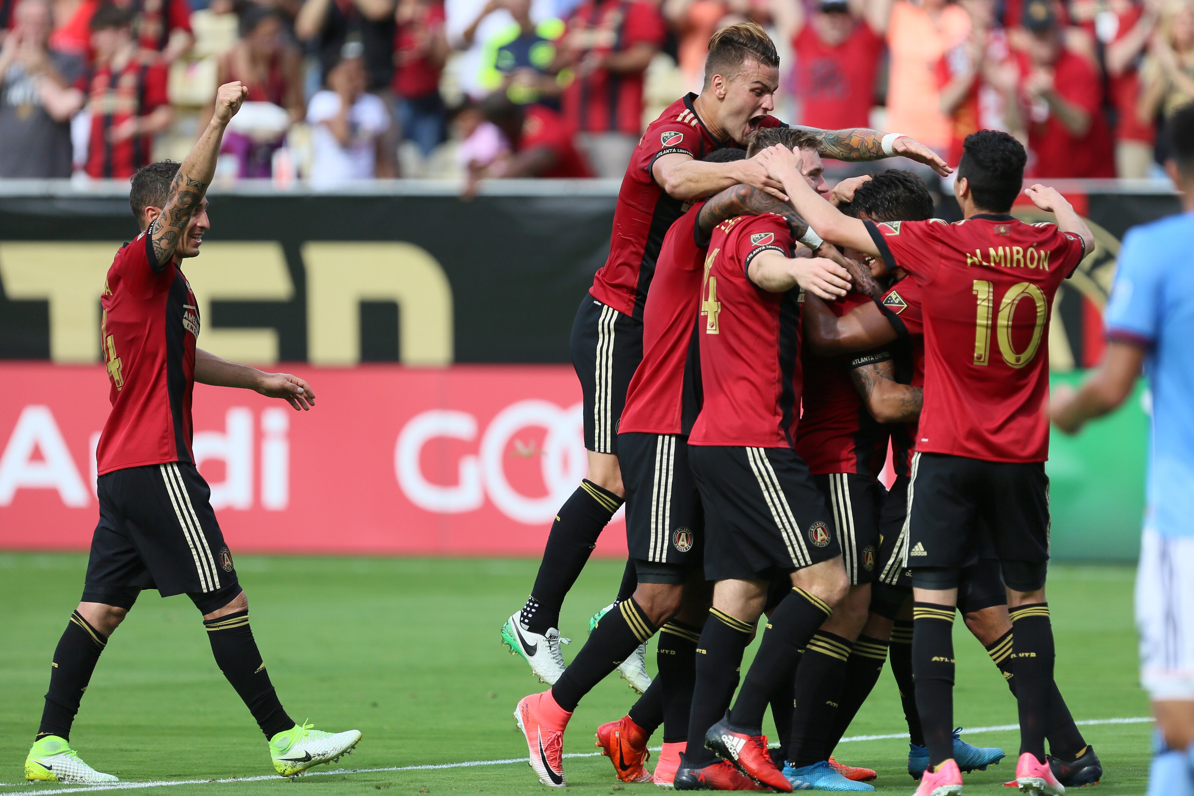 Atlanta United players celebrate with Hector Villalba of the second goal Sunday against New York City FC. Miguel Martinez/Mundo Hispanico