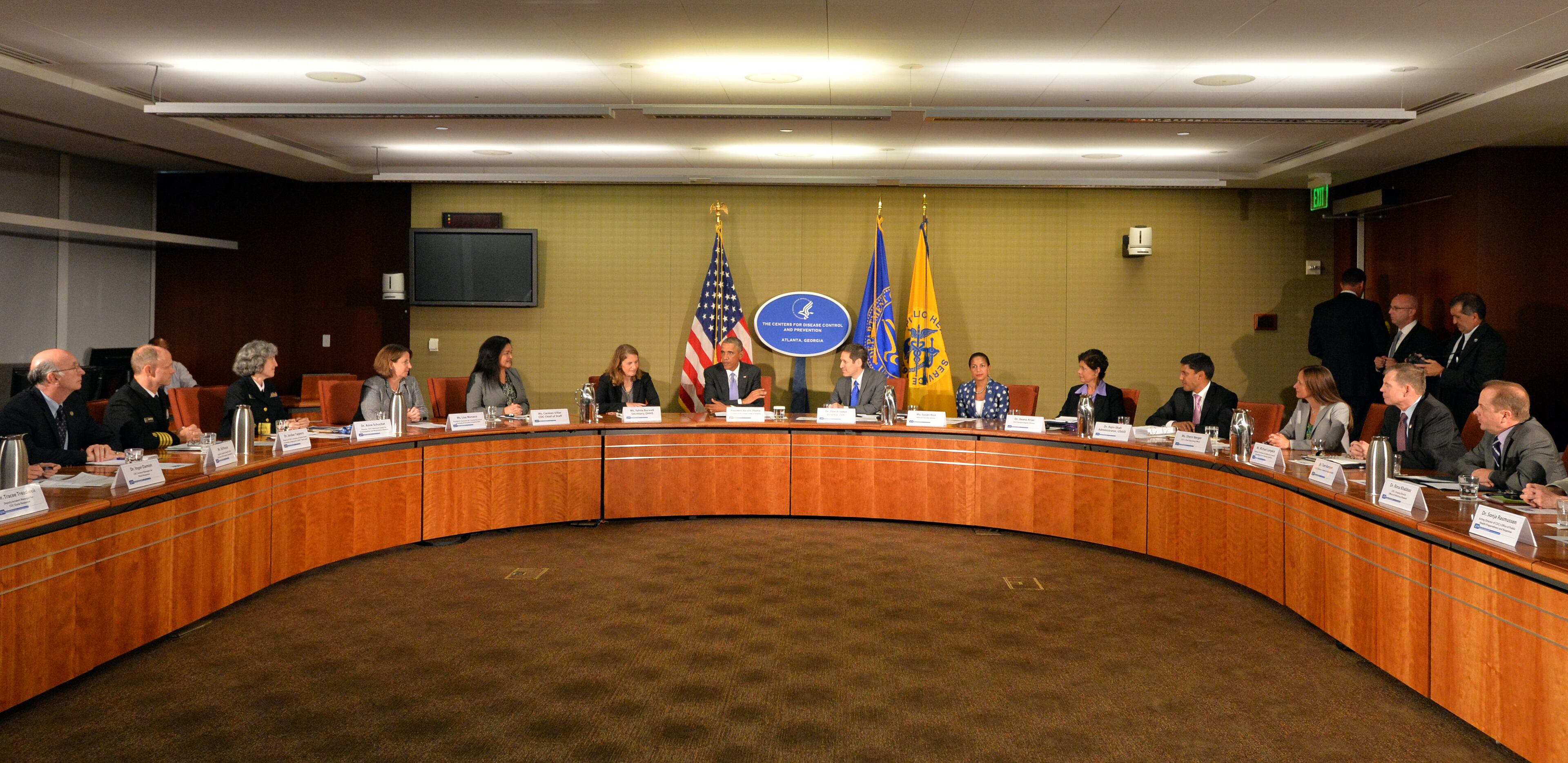 President Barack Obama receives a briefing on the outbreak of the Ebola virus in West Africa at the Centers for Disease Control and Prevention in Atlanta on Tuesday, September, 16, 2014.