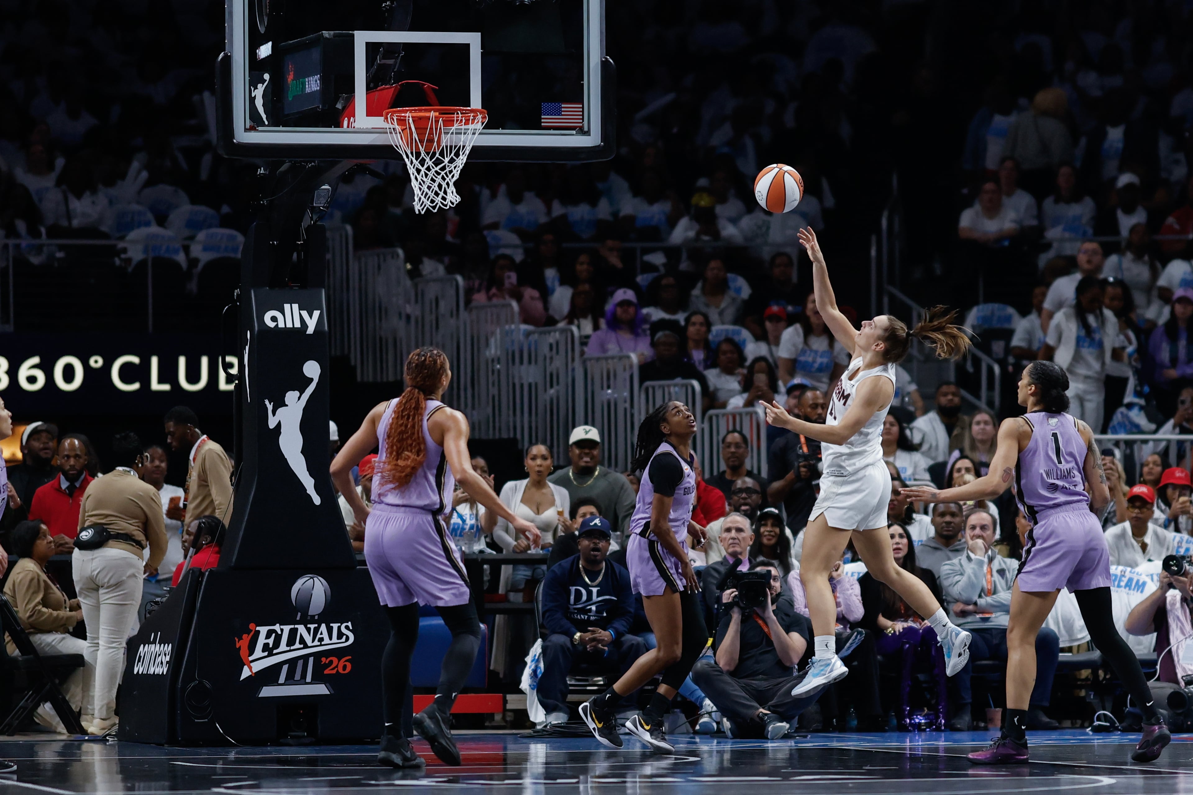 Atlanta Dream guard Isobel Borlase shoots against the Golden State Valkyries during the first half of Game 4 of the WNBA Finals between the Atlanta Dream and the Golden State Valkyries, Saturday, Oct. 24, 2026, in Atlanta. (Erik S. Lesser for the AJC)