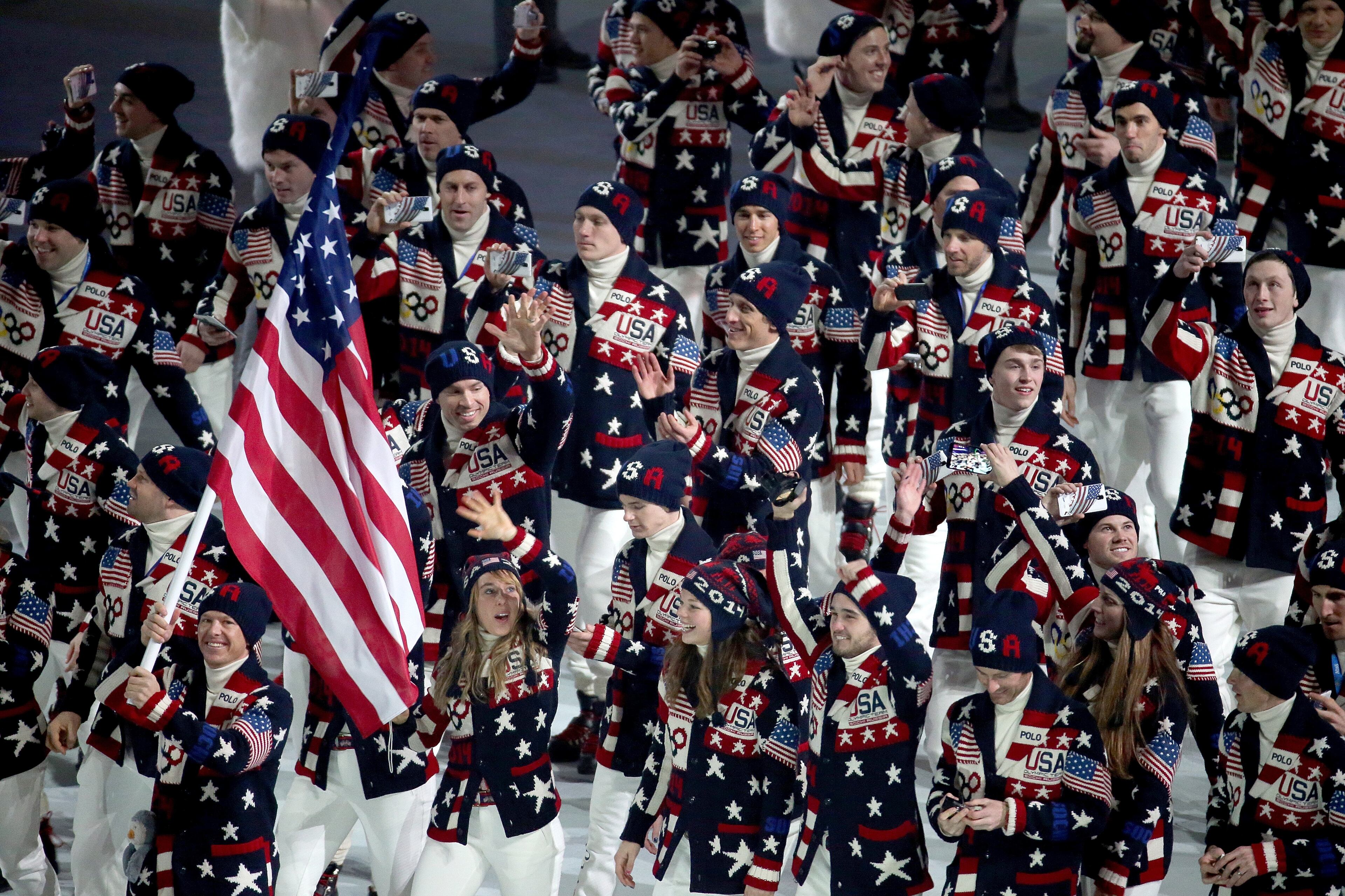 The United States team enters Fisht Olympic Stadium in Sochi, Russia, during the Opening Ceremony for the Winter Olympics, Friday, Feb. 7, 2014.(Brian Cassella/Chicago Tribune/MCT)