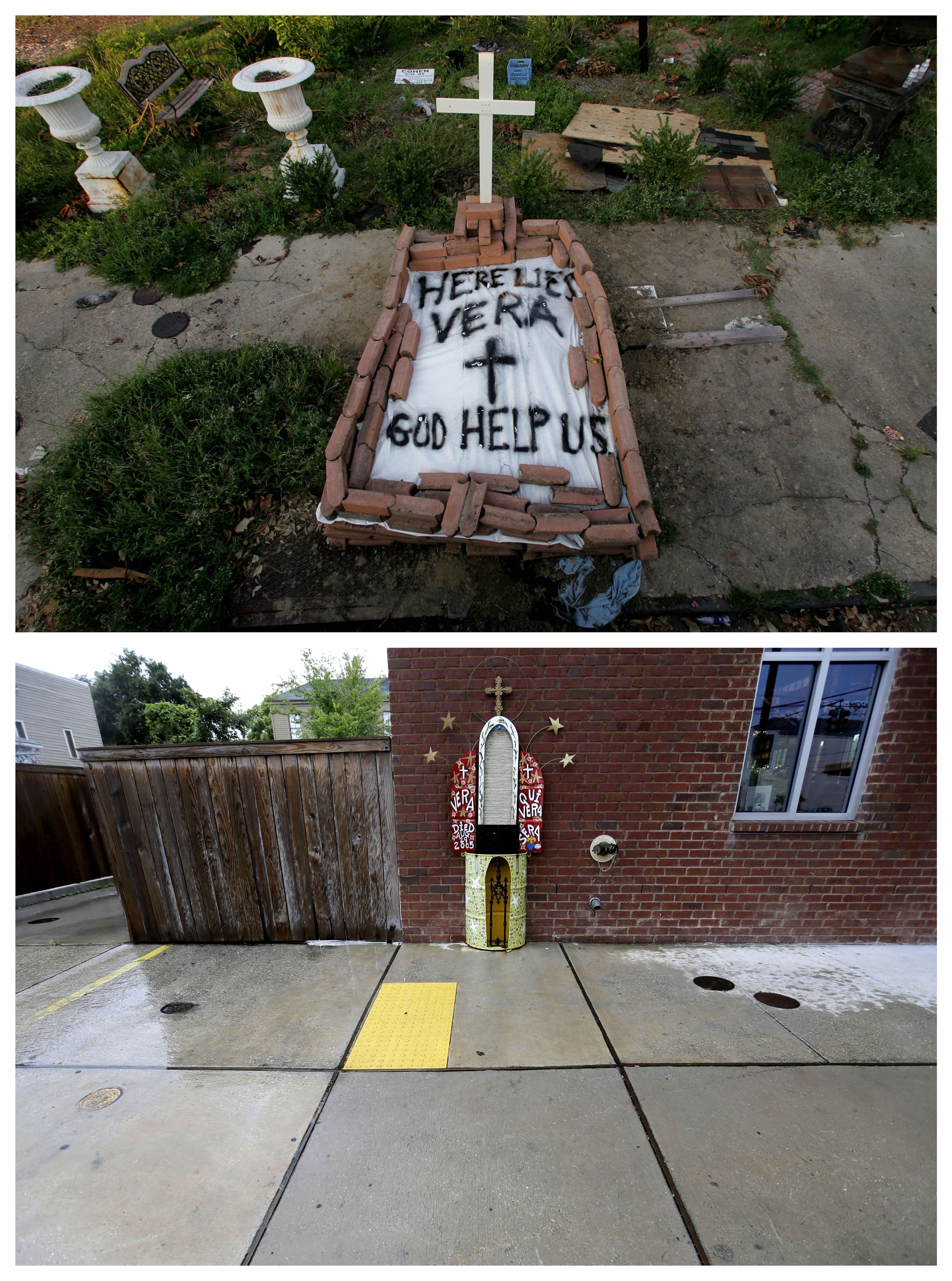 This combination of Sept. 4, 2005 and July 30, 2015 photos show a makeshift tomb at a New Orleans street corner, concealing a body that had been lying on the sidewalk for days in the wake of Hurricane Katrina, and the same site a decade later with an artist's memorial to the woman known as Vera. Nearly 2,000 people died because of the storm, mostly in New Orleans, 80 percent of which was flooded for weeks. One million people were displaced. (AP Photo/Dave Martin, Gerald Herbert)