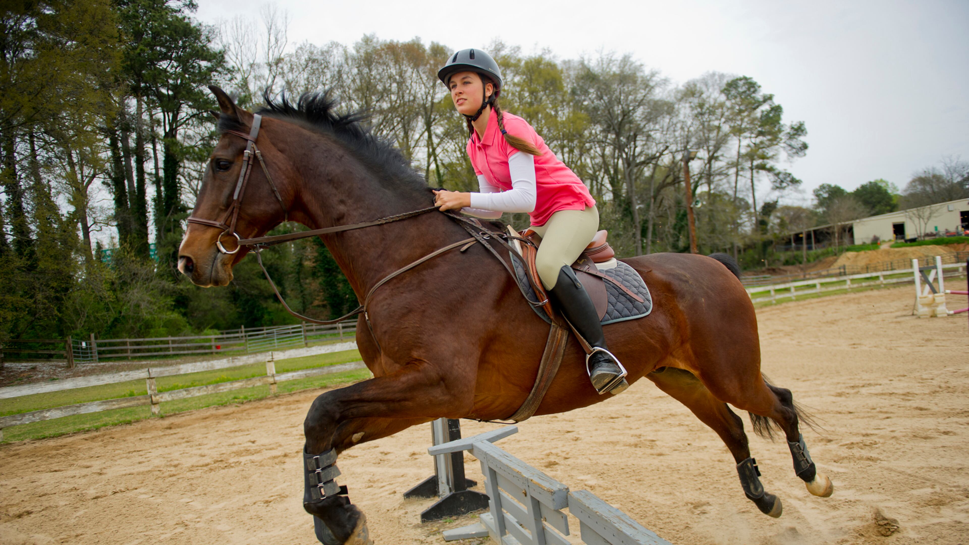 Kathryn Barclay leads her horse over a jump in the training ring during a lesson with Atlanta In-Town Riding Academy at Little Creek Horse Farm in Decatur on April 3, 2013. The academy teaches students the hunter/jumper style of horseback riding. Jonathan Phillips Special