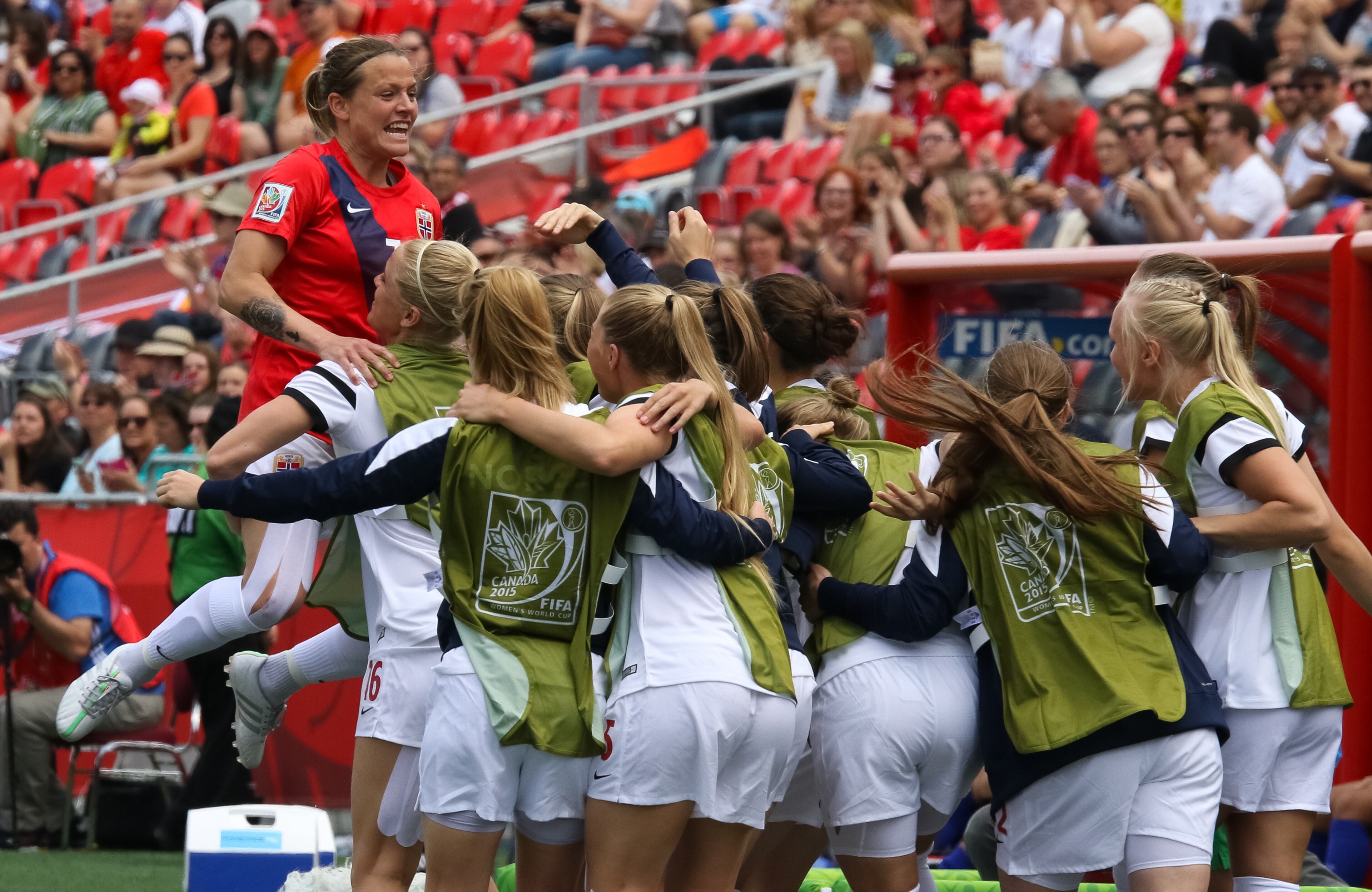 OTTAWA, ON - JUNE 7: Trine Bjerke Ronning #7 of Norway celebrates her goal against Thailand with teammates during the FIFA Women's World Cup Canada 2015 Group B match between Norway and Thailand at Lansdowne Stadium on June 7, 2015 in Ottawa, Canada. (Photo by Andre Ringuette/Getty Images)