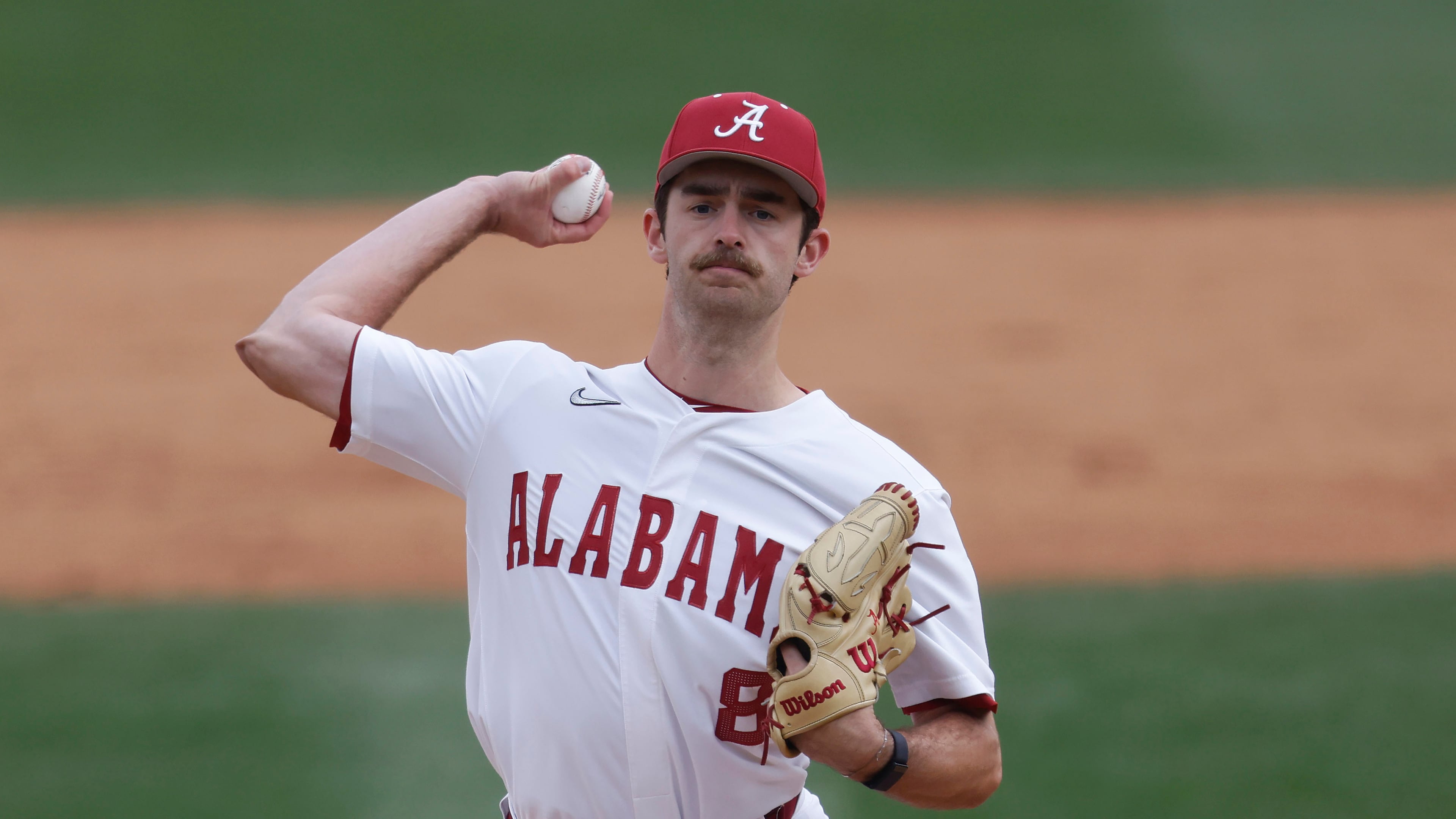 FILE - Alabama pitcher Tyler Fay (8) during an NCAA baseball game against Presbyterian on March 9, 2025, in Tuscaloosa, Ala. (AP Photo/Mike Buscher, File)