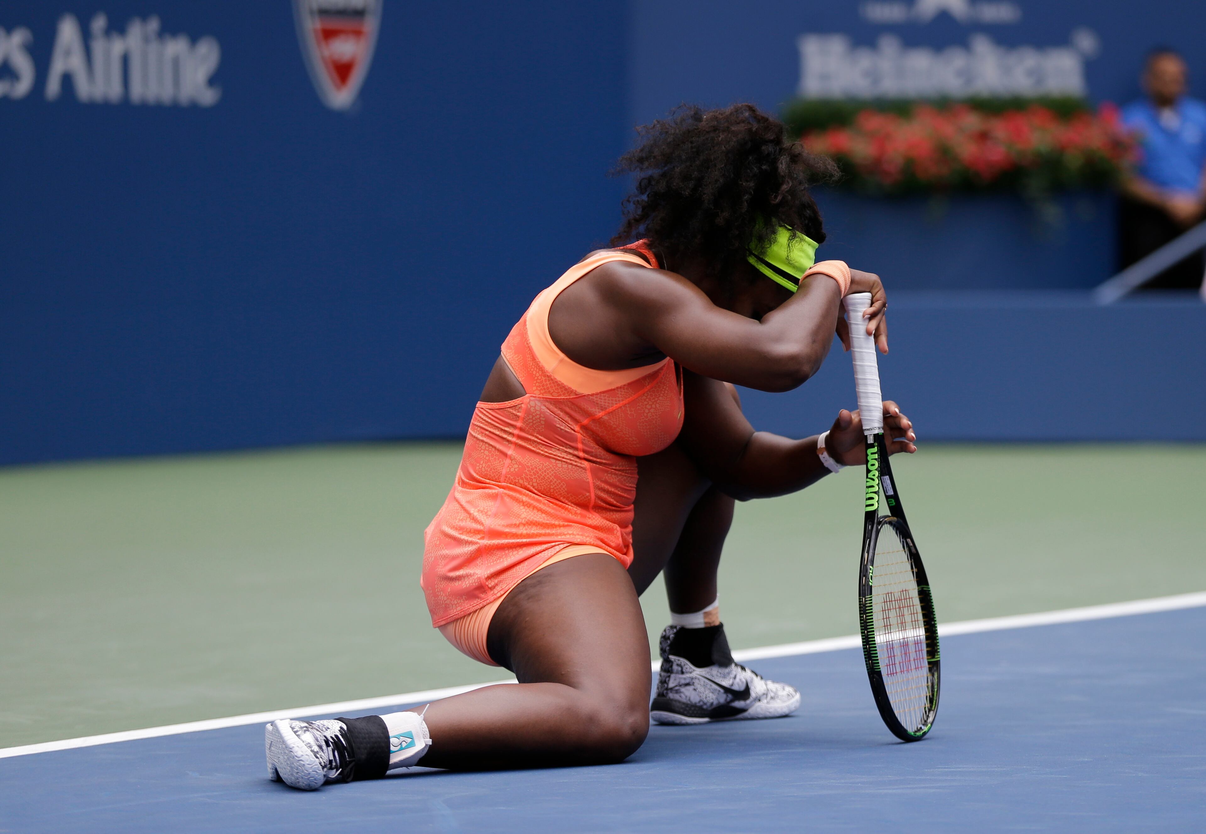 Serena Williams reacts after losing a point Roberta Vinci during a semifinal match at the U.S. Open tennis tournament, Friday, Sept. 11, 2015. In one of the most significant upsets in the history of tennis, Williams lost 2-6, 6-4, 6-4 to the 43rd-ranked Vinci of Italy. (AP Photo/David Goldman)