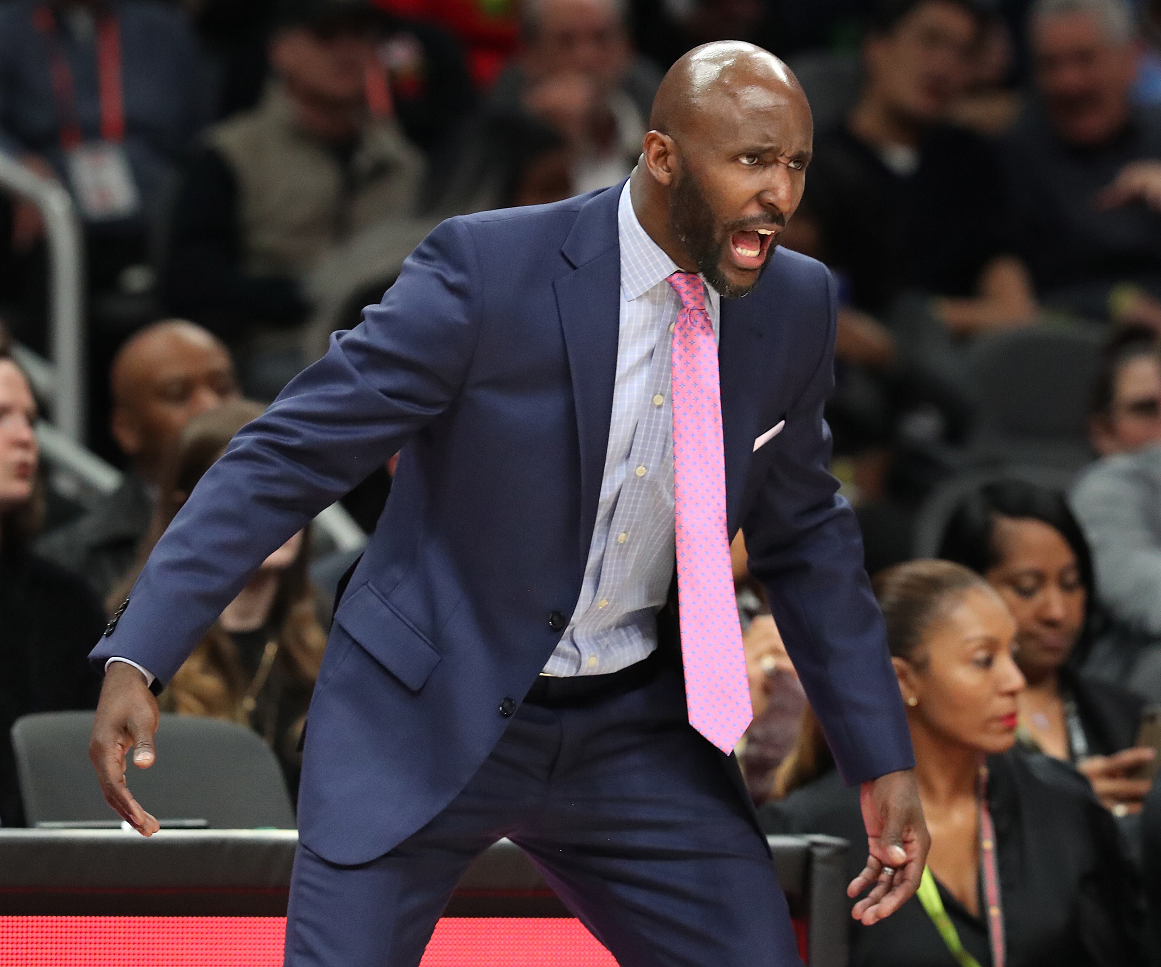 Jan. 15, 2019 Atlanta: Atlanta Hawks head coach Lloyd Pierce calls a defense coaching his team to a 142-126 victory over the Oklahoma City Thunder in a NBA basketball game on Tuesday, Jan. 15, 2019, at State Farm Arena in Atlanta. Curtis Compton/ccompton@ajc.com